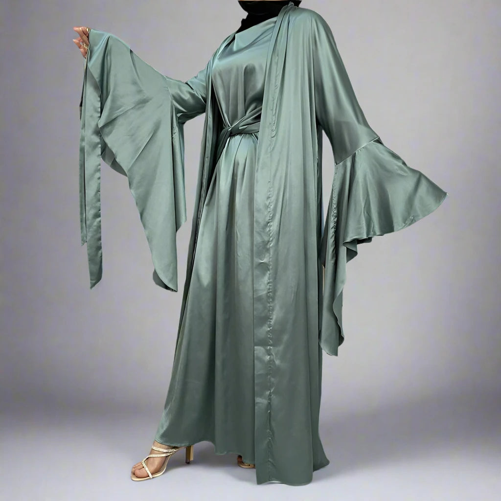 2 Piece Set Satin Open Abaya Dress for Women - Elegant Muslim Prayer Dress & Evening Wear - Perfect for Ramadan, Eid, and Special Occasions