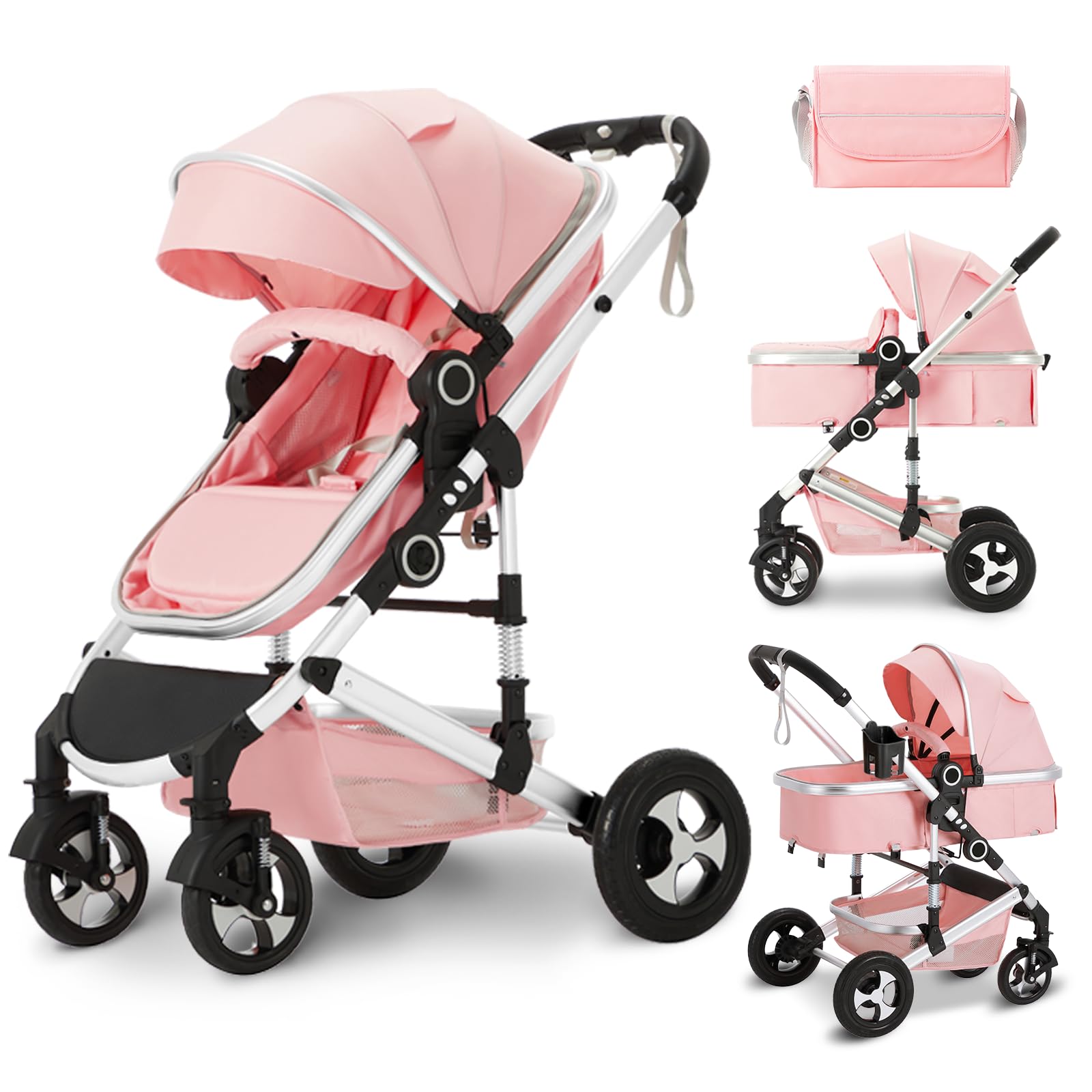 Kinder King 2 in 1 Convertible Baby Stroller - Lightweight Folding Travel Stroller with Reversible Bassinet & Adjustable Canopy | Includes Diaper Bag | Perfect for Newborns & Infants (Pink) | Ideal for Shopping, Travel & Daily Walks