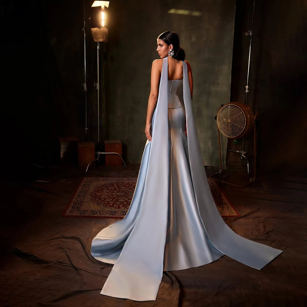 Luxury Dubai Saudi Blue Mermaid Satin Evening Dress with Long Scarf - Formal Gown for Weddings, Galas & Special Occasions - Elegant Women's Party Wear LA72831