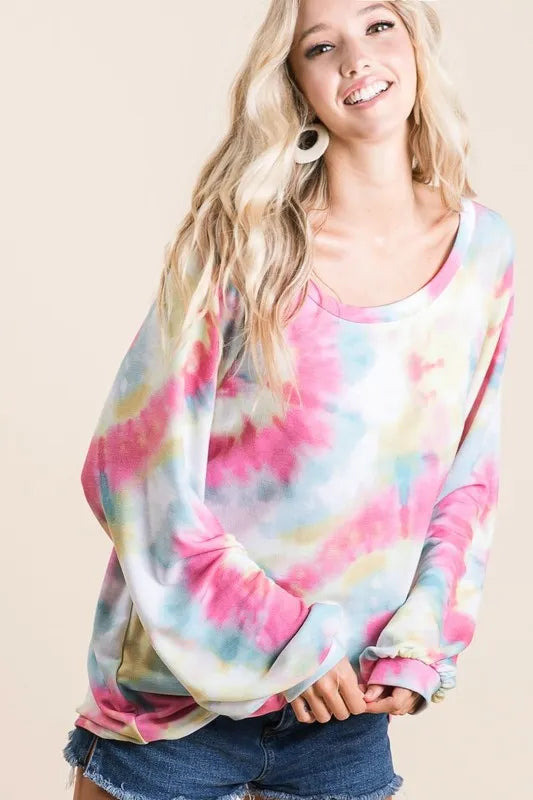 BiBi Tie Dye Print Terry Top with Puff Sleeves | Women's Fashion Casual Blouse | Perfect for Summer Outfits, Beach Wear & Boho Style