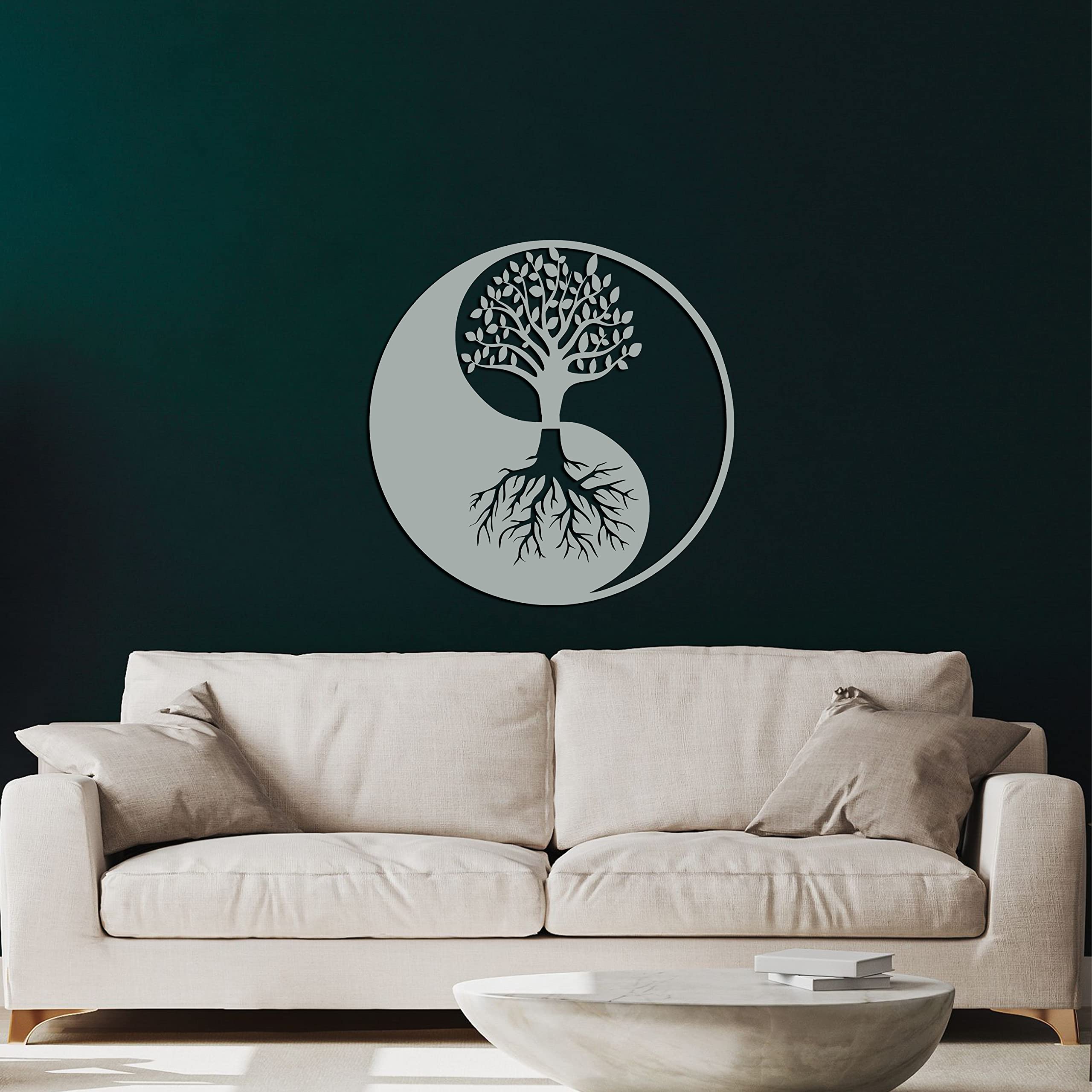 DEKADRON Silver Grey Tree of Life Metal Wall Art - Yin Yang Decor for Home & Office - 18