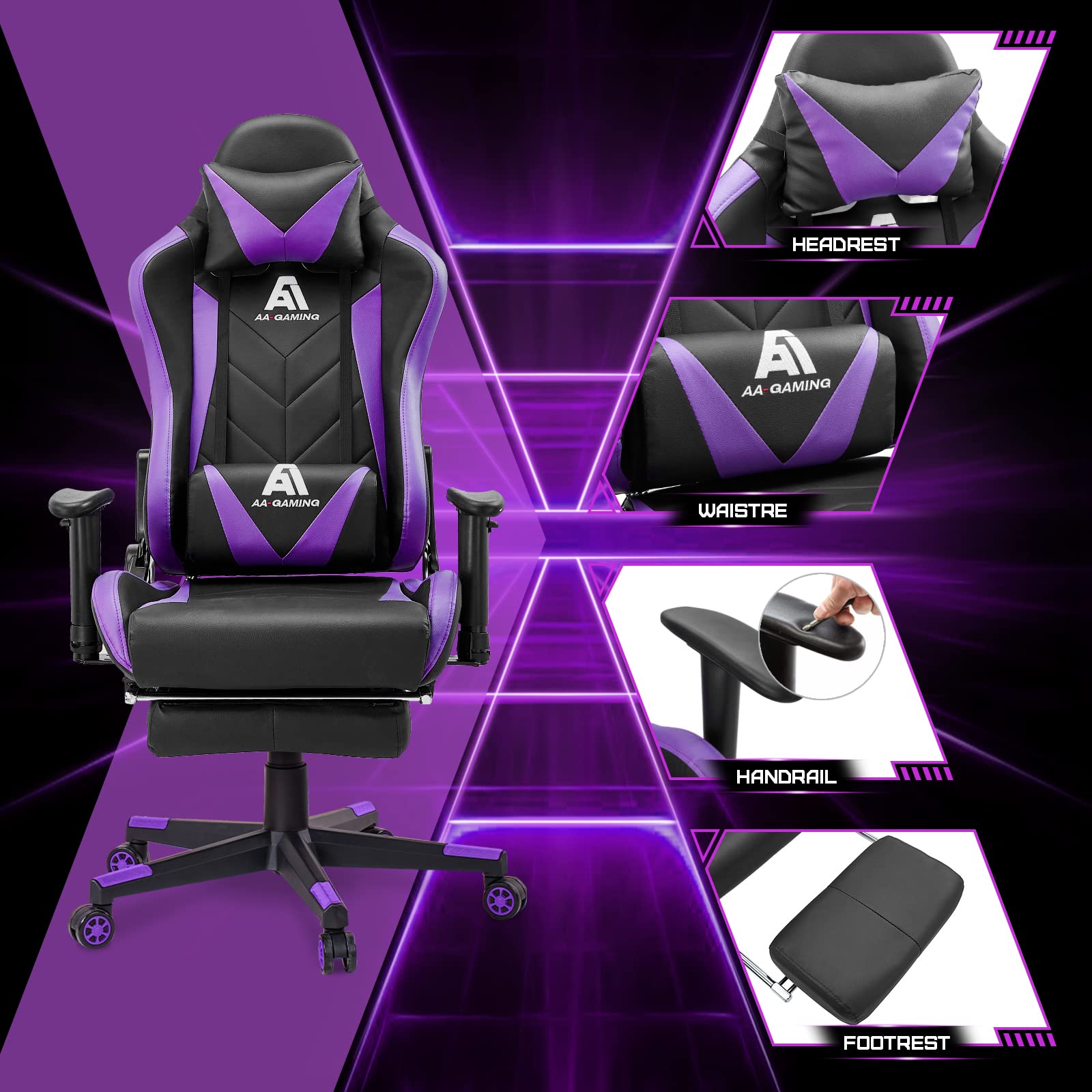 Premium Gaming Chair - Ergonomic High Back Racing Office Chair with Adjustable Lumbar Support & Footrest, 360° Swivel - Black Purple | Perfect for PC Gaming, Esports, Home Office & Streaming Setup