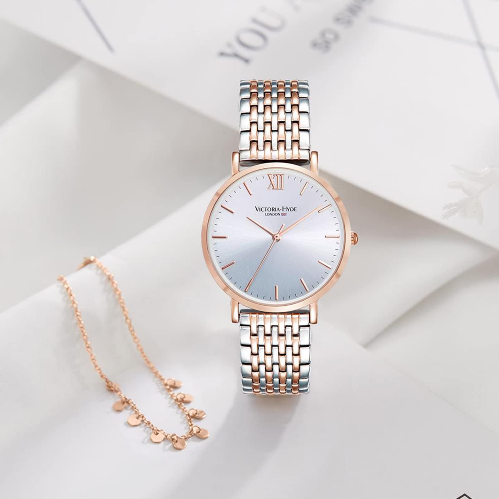 VICTORIA HYDE Women's Two-Tone Watch - Silver & Rose Gold Stainless Steel Ladies Watch for Large Wrist | Perfect for Office, Party & Everyday Wear