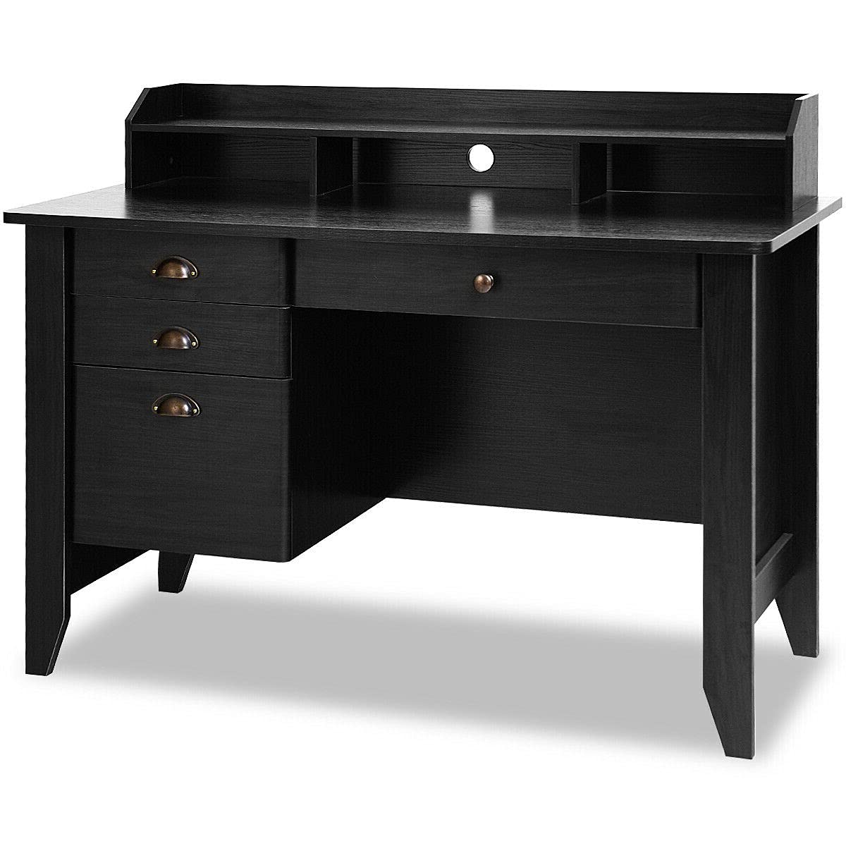Black Modern Home Office Computer Desk with 4 Drawers - Spacious Workstation with Desktop Shelf - Ergonomic Writing Table for Laptop, Study & Work - Perfect for Small Spaces, Remote Work & Online Classes