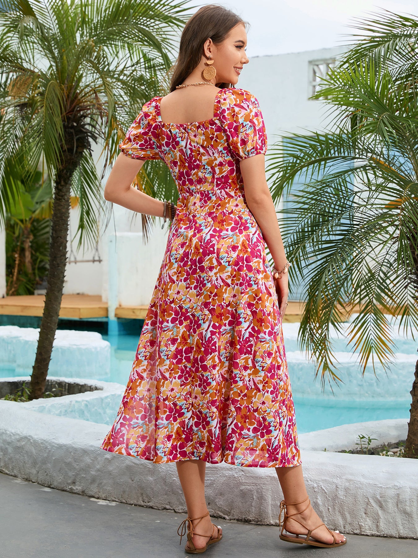 Floral Square Neck Short Sleeve Midi Dress - Women's Summer Boho Floral Print Dress for Beach, Wedding & Casual Outings
