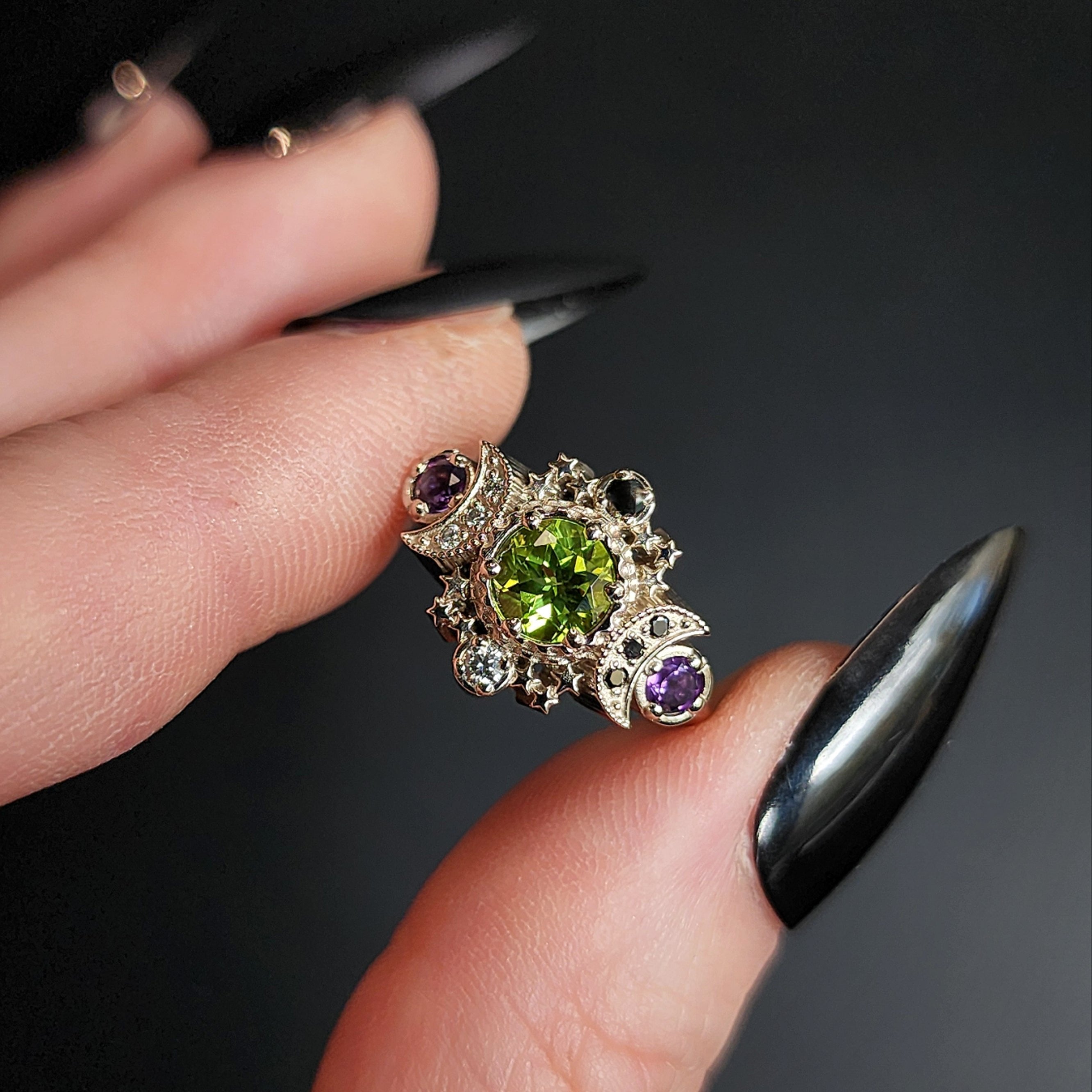 Peridot & Amethyst Spider Web Wedding Ring Set in 14k Palladium White Gold with Black & White Diamonds - Gothic Engagement Ring for Alternative Weddings, Dark Romance & Unique Jewelry Collections