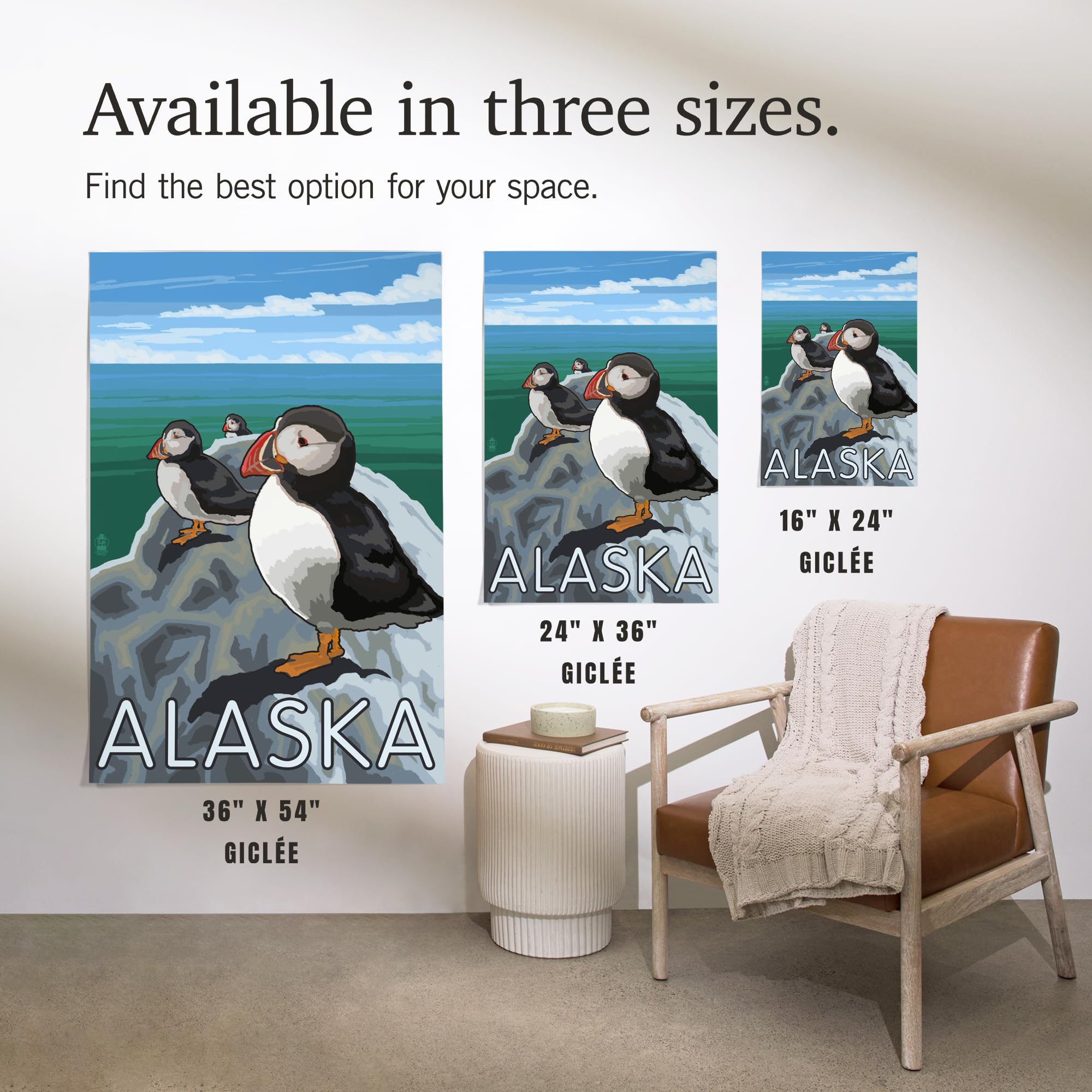 Lantern Press 16x24 Inch Giclee Print - Alaska Puffins on Rock Wall Art - Perfect for Living Room, Bedroom & Office Decor