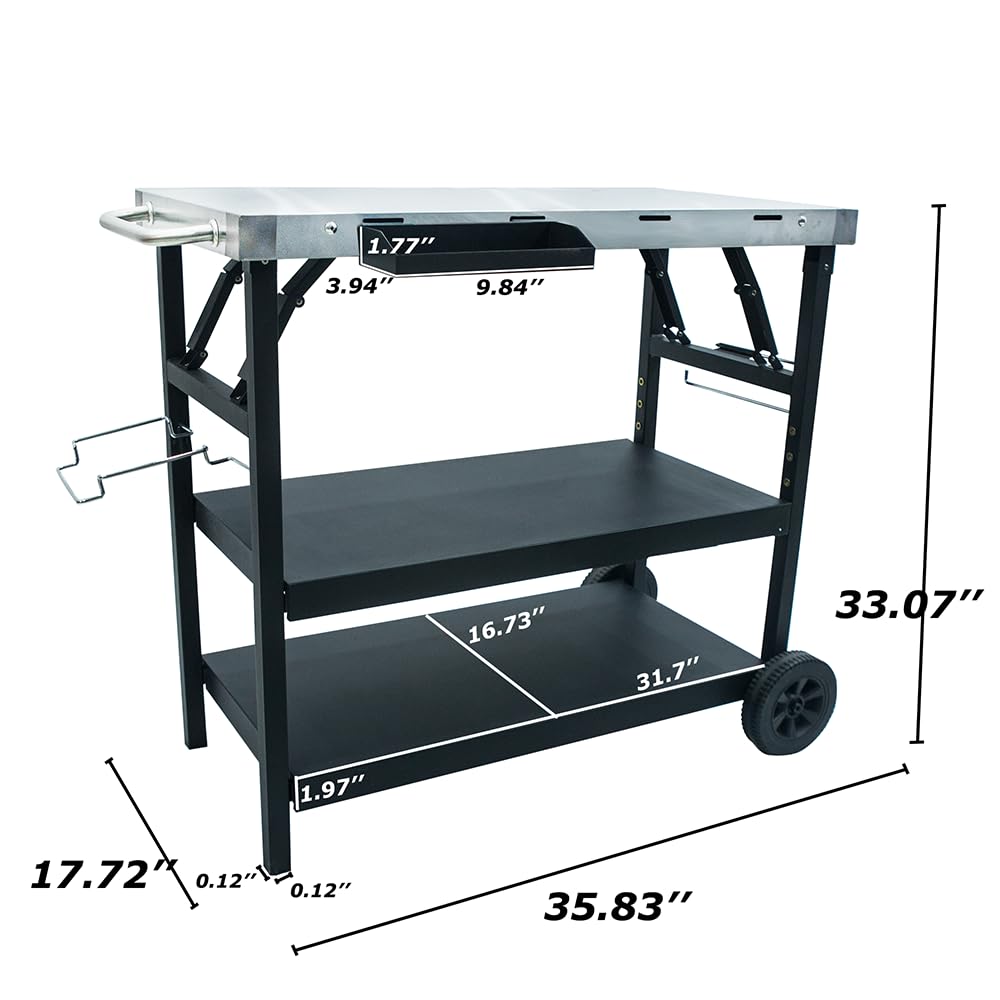 Thunderbay Foldable 3-Tier Stainless Steel Grill Cart - Portable Outdoor Food Prep Table with Wheels for BBQ, Pizza Oven & Tool Storage - Perfect for Backyard, Camping & Patio Parties