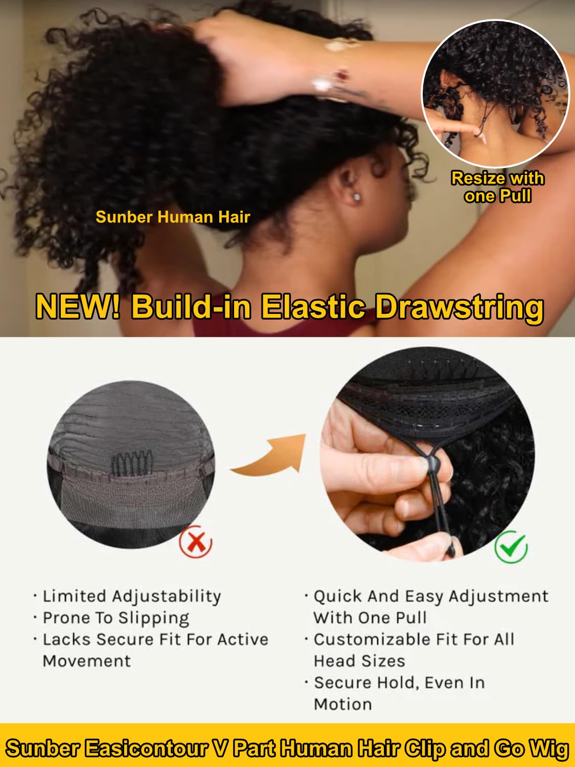 Sunber EasiContour V Part Human Hair Wig - Ombre Chestnut Brown Curly Glueless Wig | 180% Density No Sew-in V-Shape Clip | Beginner Friendly 16 Inch Ready-to-Wear Wig for Daily Use & Special Occasions