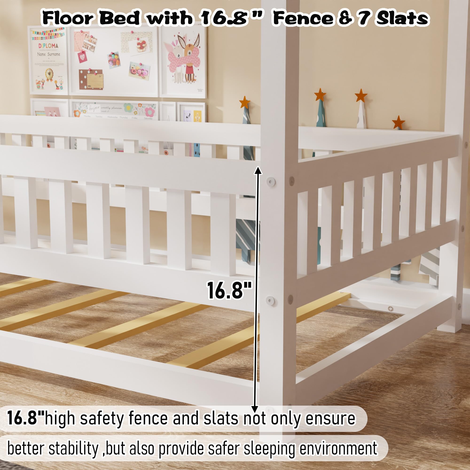 Montessori Twin Size Wooden Floor Bed with High Safety Fence & Slats - House Style Kids Bed for Boys & Girls, No Box Spring Required, Easy Assembly, White - Perfect for Montessori Rooms, Toddler Bedrooms & Play Areas