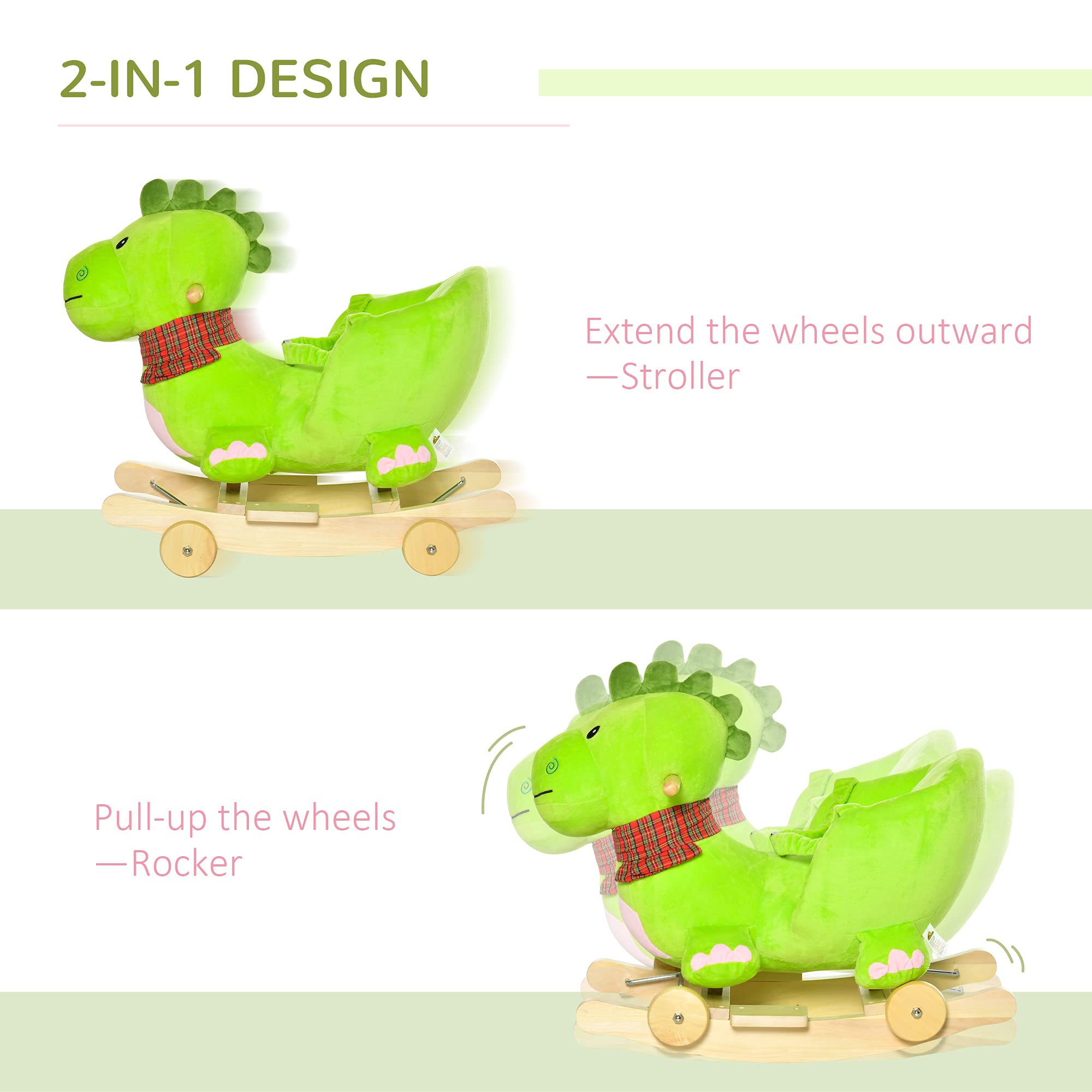Qaba 2-in-1 Plush Rocking Dinosaur Ride-On Toy for Toddlers 18+ Months | Interactive Baby Rocking Horse with Nursery Songs | Perfect for Playtime, Nursery Decor & First Birthday Gifts