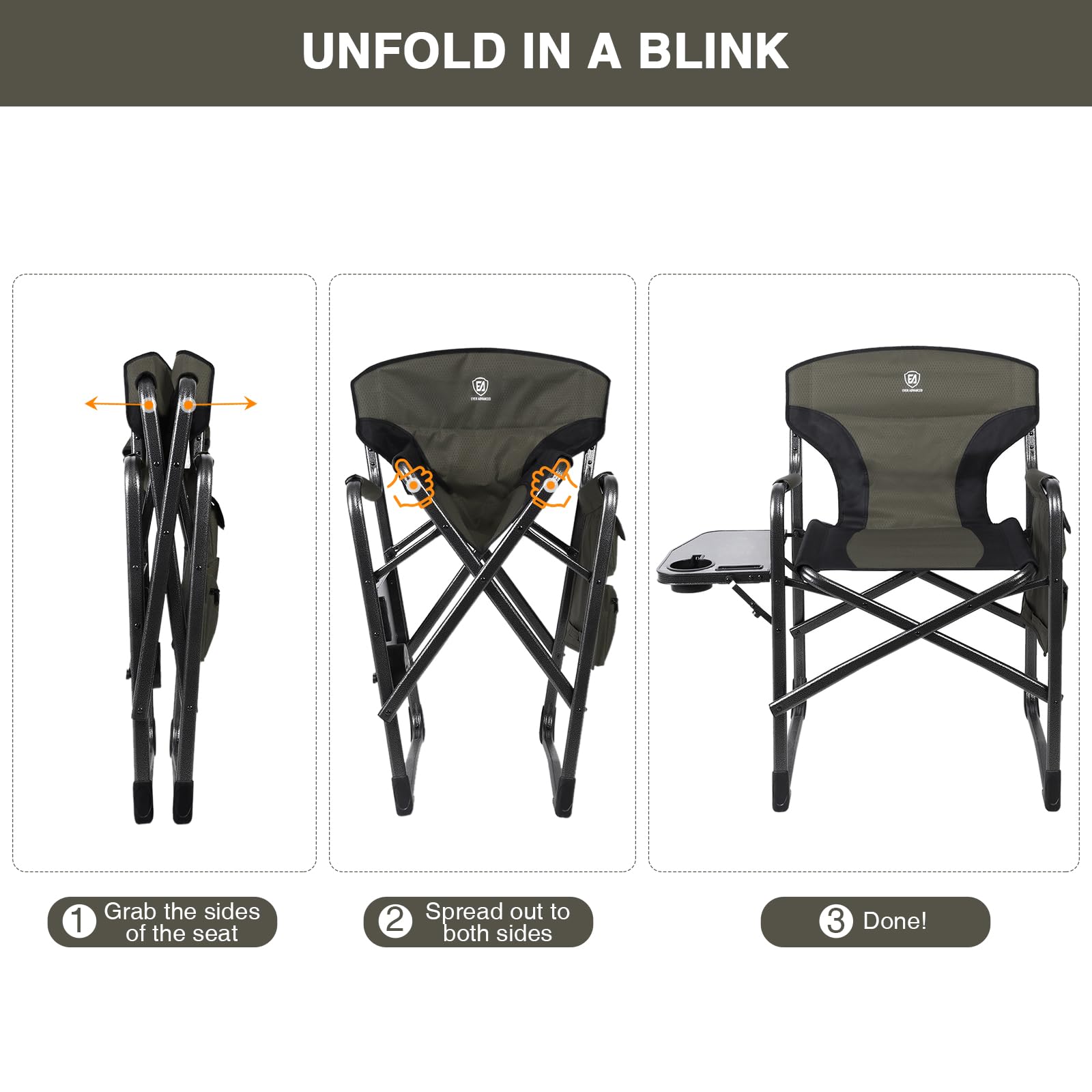 EVER ADVANCED Lightweight Folding Director's Chair - Portable Aluminum Camping Chair with Side Table & Storage Pouch - Heavy Duty Supports 350lbs for Outdoor, Beach, Picnic, and Backyard Relaxation