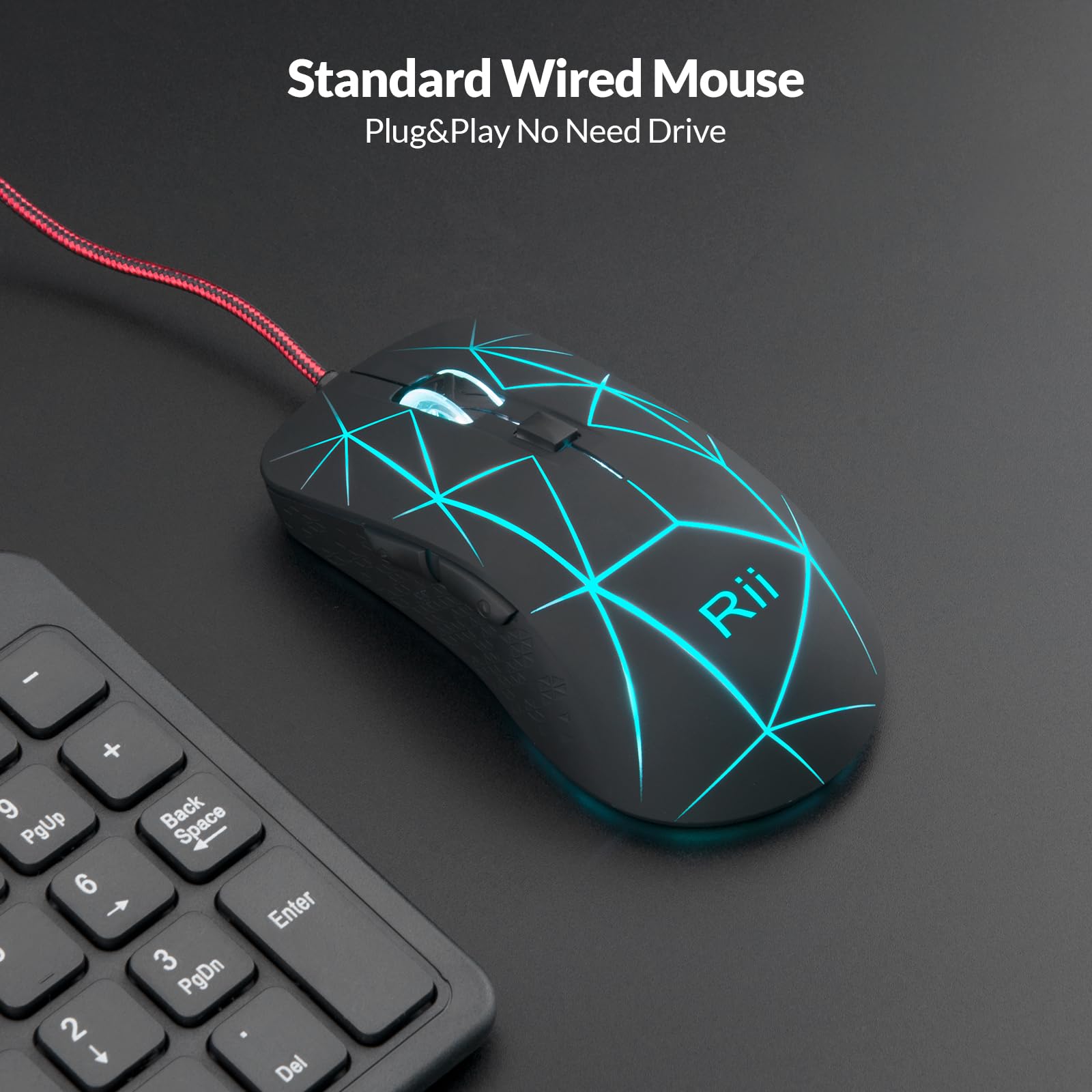 Rii Gaming Mouse with 6 Buttons, 1200-3200 DPI Adjustable Optical Gaming Mouse, RGB Burst Pattern, Wired USB Mouse for PC, Windows, Mac, Linux - 150cm Cable - Black - Perfect for FPS, MOBA & MMO Gaming