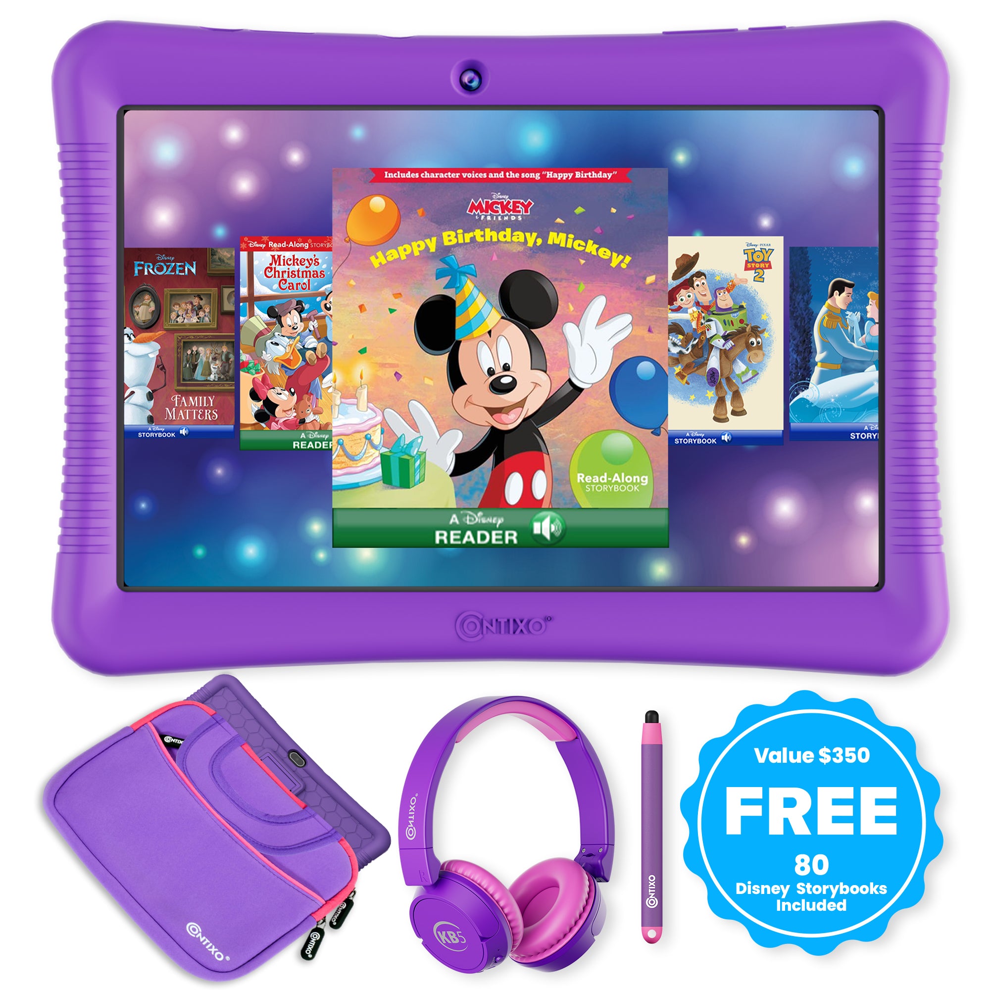 Contixo 10 Inch Kids Tablet with Disney eBooks & Accessories - Purple | Educational Learning Device for Children | Perfect for Homeschooling, Travel & Entertainment