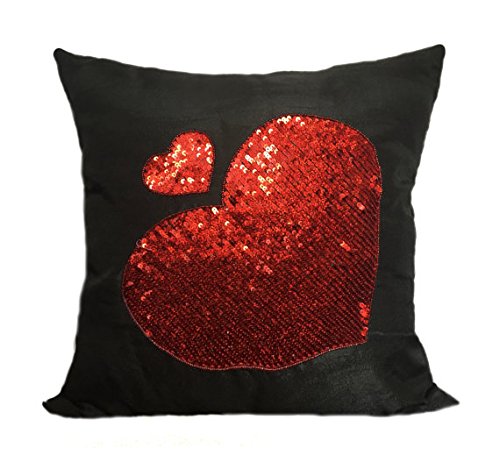 White Petals Heart Sequins Pillow Cover - Red & Black Reversible Sequin Cushion Case with Sparkling Heart Design for Home Decor, Bedroom, Living Room, Valentine's Gift