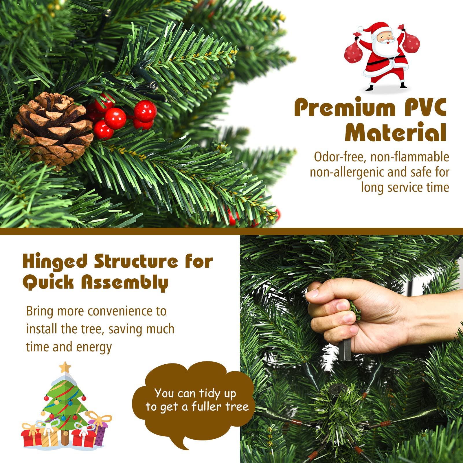 7.5ft Pre-Lit Artificial Christmas Tree with 1526 PVC Branches, 550 Warm White LED Lights (UL Certified), 73 Pine Cones & Red Berries - Foldable Metal Hinge Base - Perfect for Home Decor, Holiday Parties & Christmas Celebrations