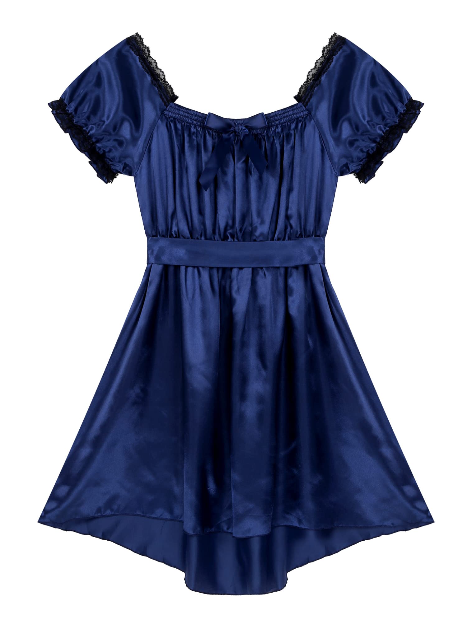 JEATHA Men's Satin Maid Nightdress - Frilly Lace Trim High-Low Hem Crossdressing Lingerie Sleepwear for Cosplay, Role Play & Special Occasions