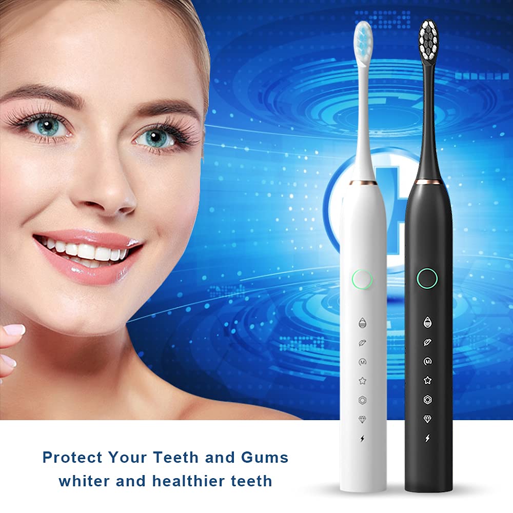 SENWEN 2 Pack Rechargeable Electric Toothbrush for Adults & Kids - Whitening Teeth with 8 Brush Heads (Black & White) - Perfect for Travel, Home & Family Oral Care