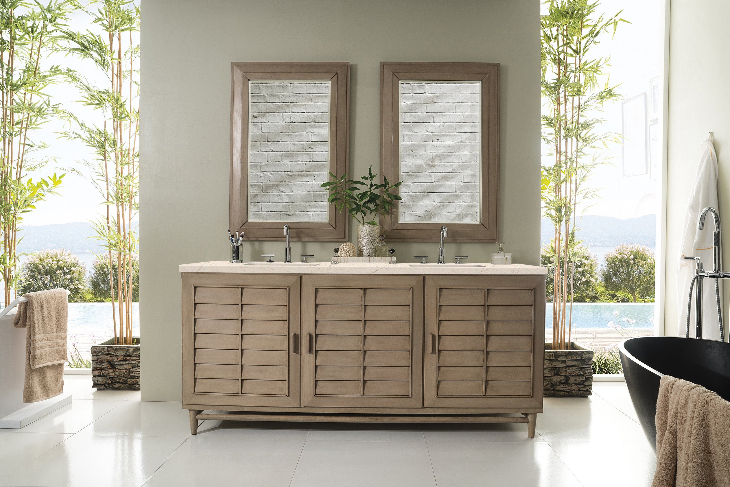 Portland 72 Inch Double Vanity with Whitewashed Walnut Base & 3CM Eternal Marfil Quartz Countertop - Modern Bathroom Sink Cabinet for Master Bath or Guest Bathroom