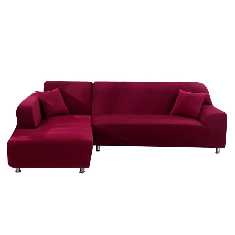 ELEOPTION Stretchable Sectional Sofa Slipcover - Universal 2-Piece L-Shaped Couch Cover Protector with Gift Pillow (Wine Red, 4+3 Seater) - Perfect for Living Room, Family Room & Home Theater Furniture Protection