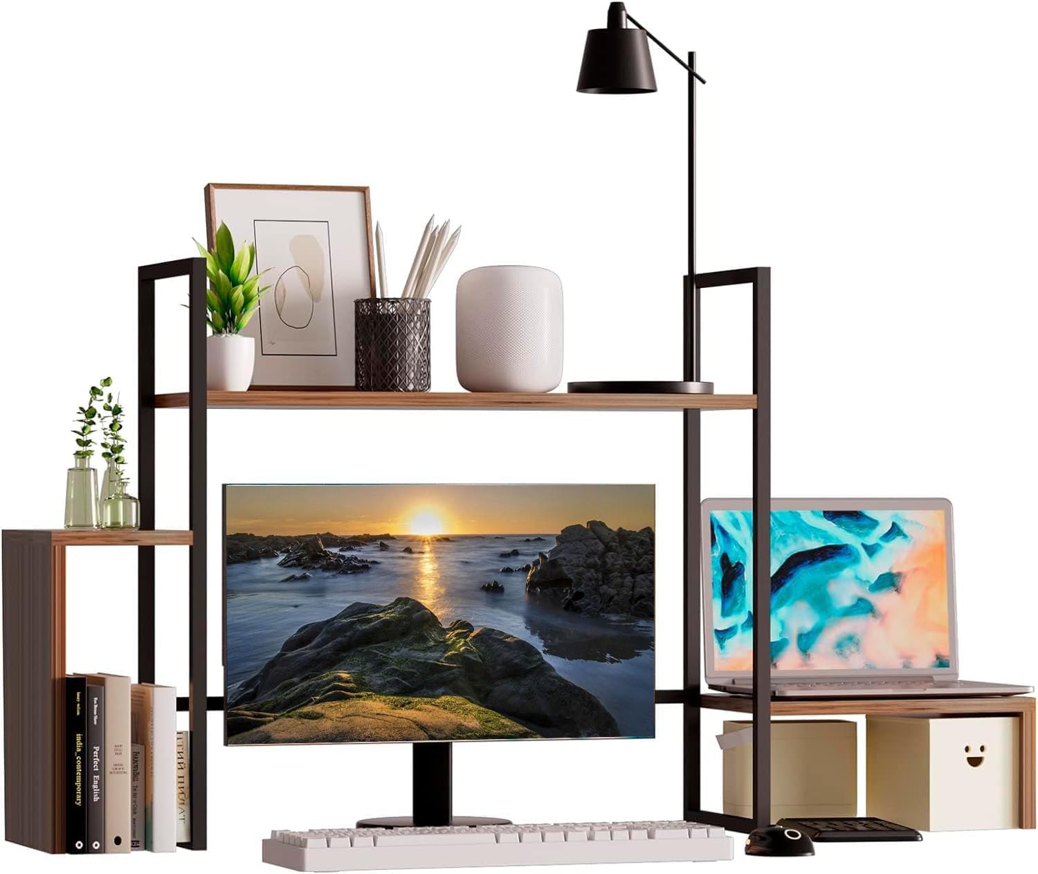 Wood Desk Shelf with RGB Lights - 2 Tier Organizer for 28