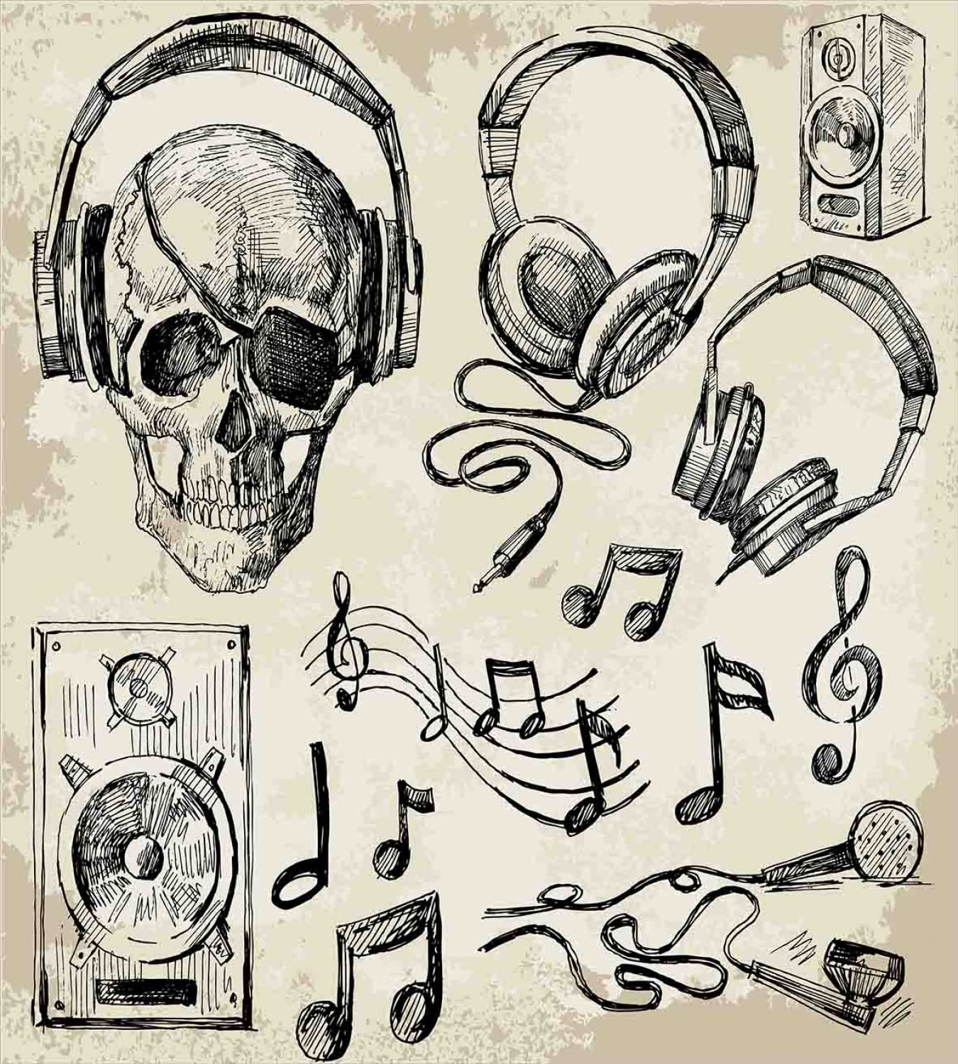 Ambesonne Music Duvet Cover Sets - Sketchy Hipster Skull Headphones Record Player Mic Speakers Print, 2-Pack Cal King Bedding Set with 2 Duvet Covers & 4 Pillowcases, Beige & Black - Perfect for Music Lovers' Bedroom Decor