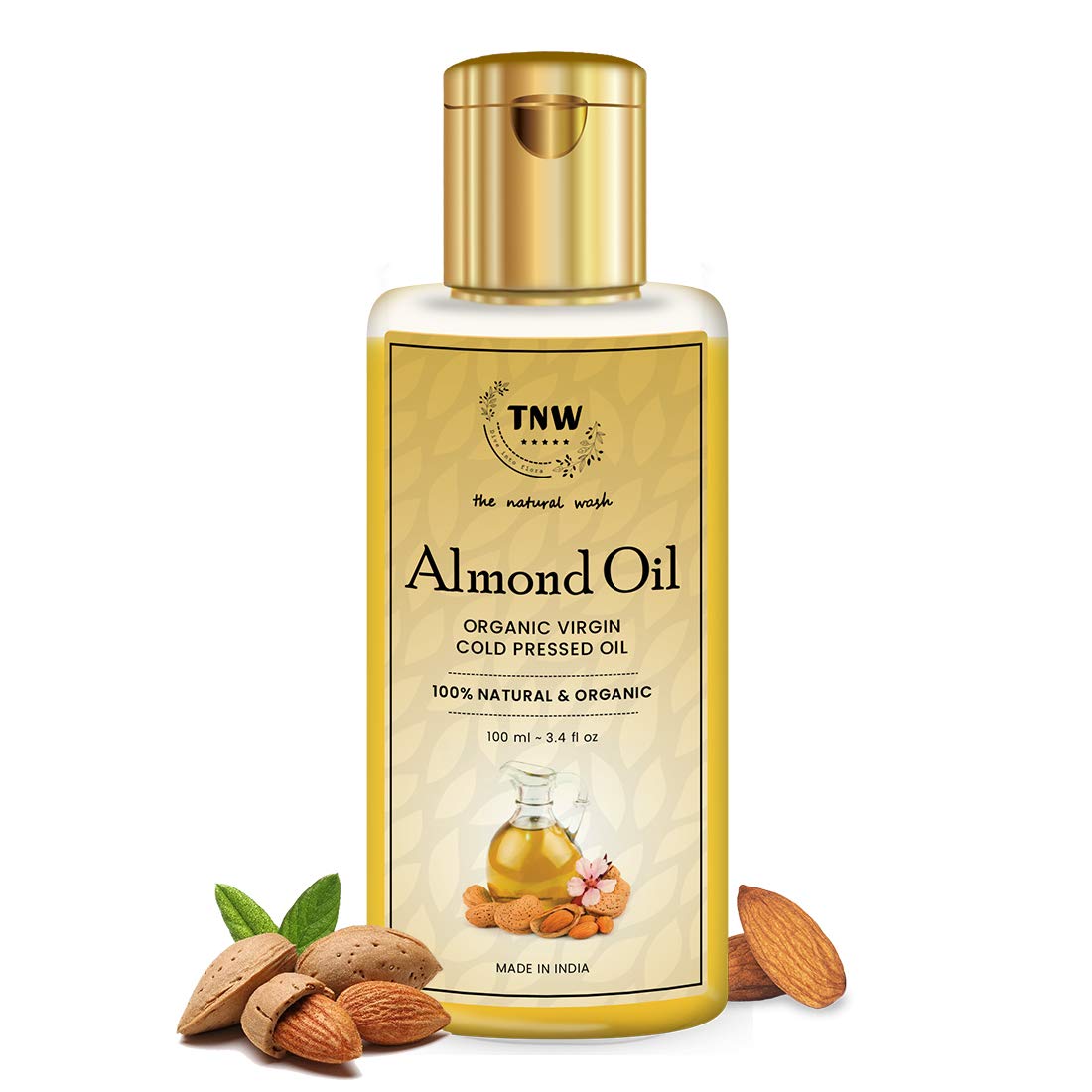 Pure Organic Virgin Cold-Pressed Almond Oil 100ml with Vitamin E - Natural Badam Tail for Face, Skin & Hair Care - Best for Dry Skin, Frizzy Hair & Baby Massage - Perfect for Daily Moisturizing, Aromatherapy & Spa Treatments