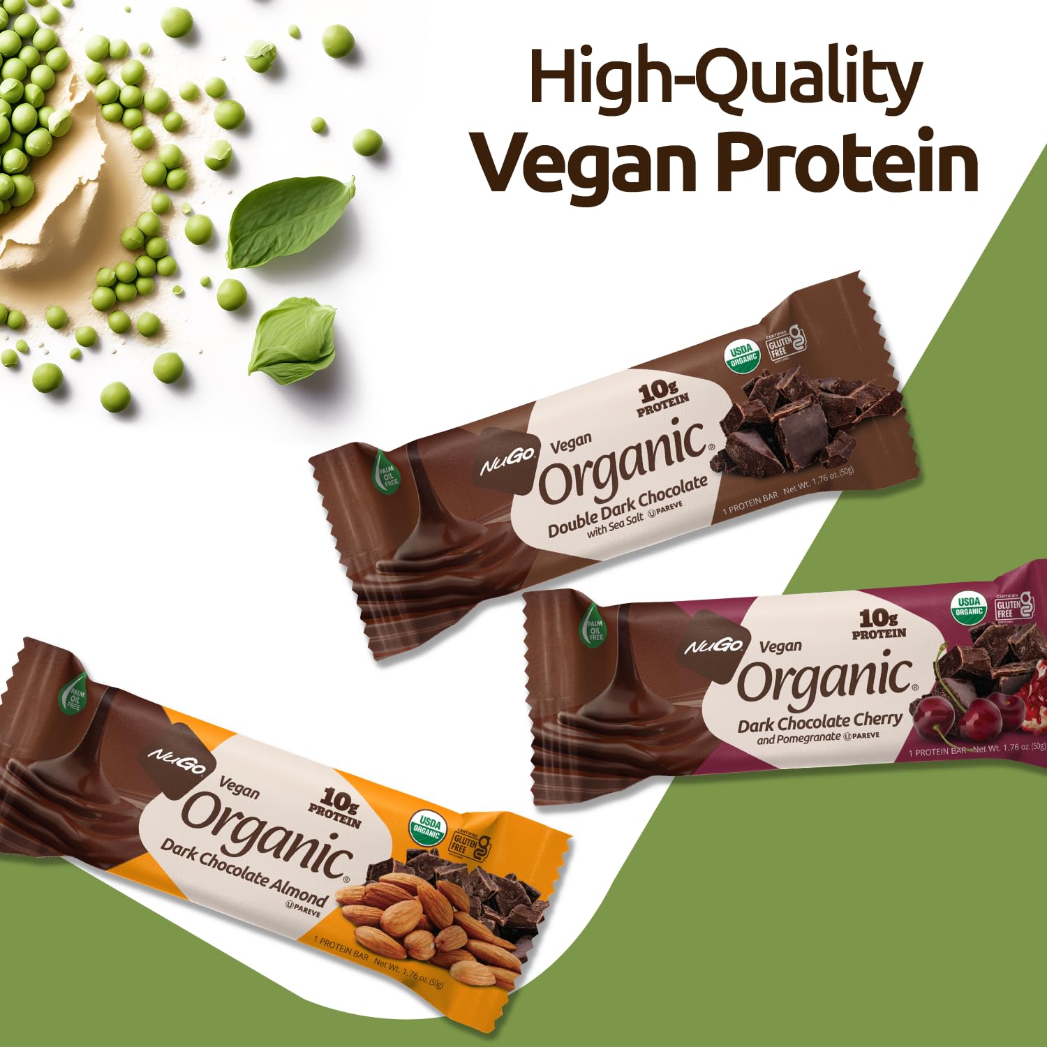NuGo Organic Dark Chocolate Almond Protein Bars - 10g Vegan Protein, Gluten Free, Non-GMO, 12 Count - Perfect for Post-Workout Recovery & Healthy Snacking