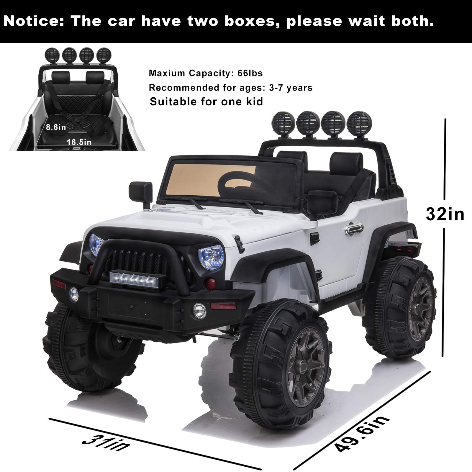 OTTARO 12V Kids Electric Ride-On Car with Parental Remote Control - Battery Powered Toy Truck for Boys & Girls, LED Lights, MP3 Player, Safety Belt & Spring Suspension (White) - Perfect for Birthday Gifts, Outdoor Play & Driveway Fun