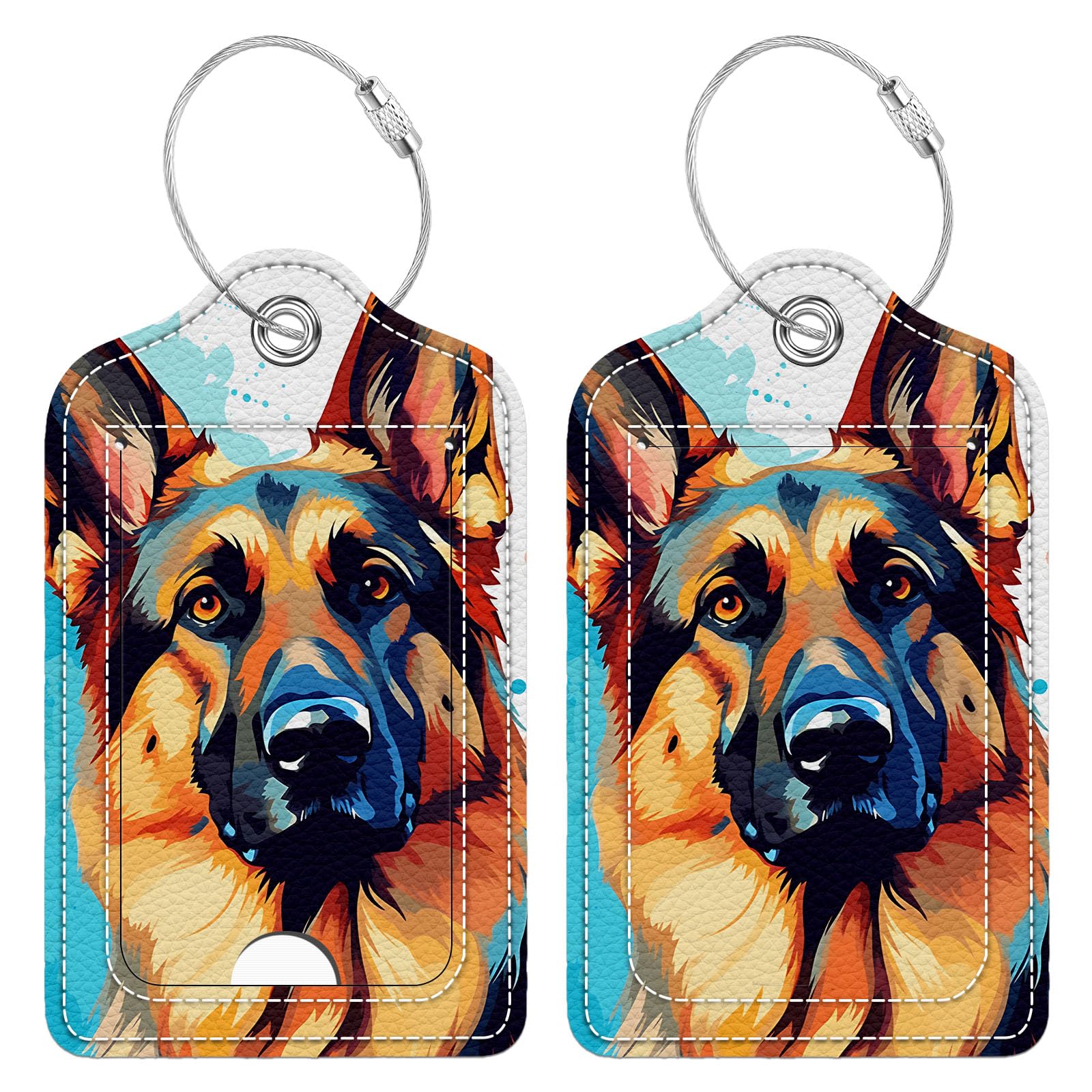 2 Pack German Shepherd Leather Luggage Tags with Privacy Cover & Stainless Steel Loop - Durable Suitcase ID Tags for Travel Bags, Backpacks & Suitcases - Perfect for Men & Women Travel Accessories (Airport, Cruise, Business Trips)
