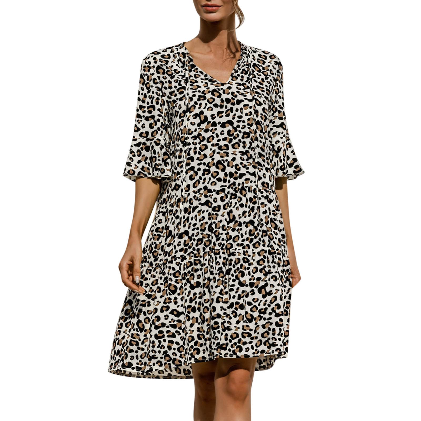 Women's Fall Mini Dress with 3/4 Puff Sleeves & Ruffles - V-Neck Solid Pleated Babydoll Sundress for Casual Outings, Date Nights & Autumn Events