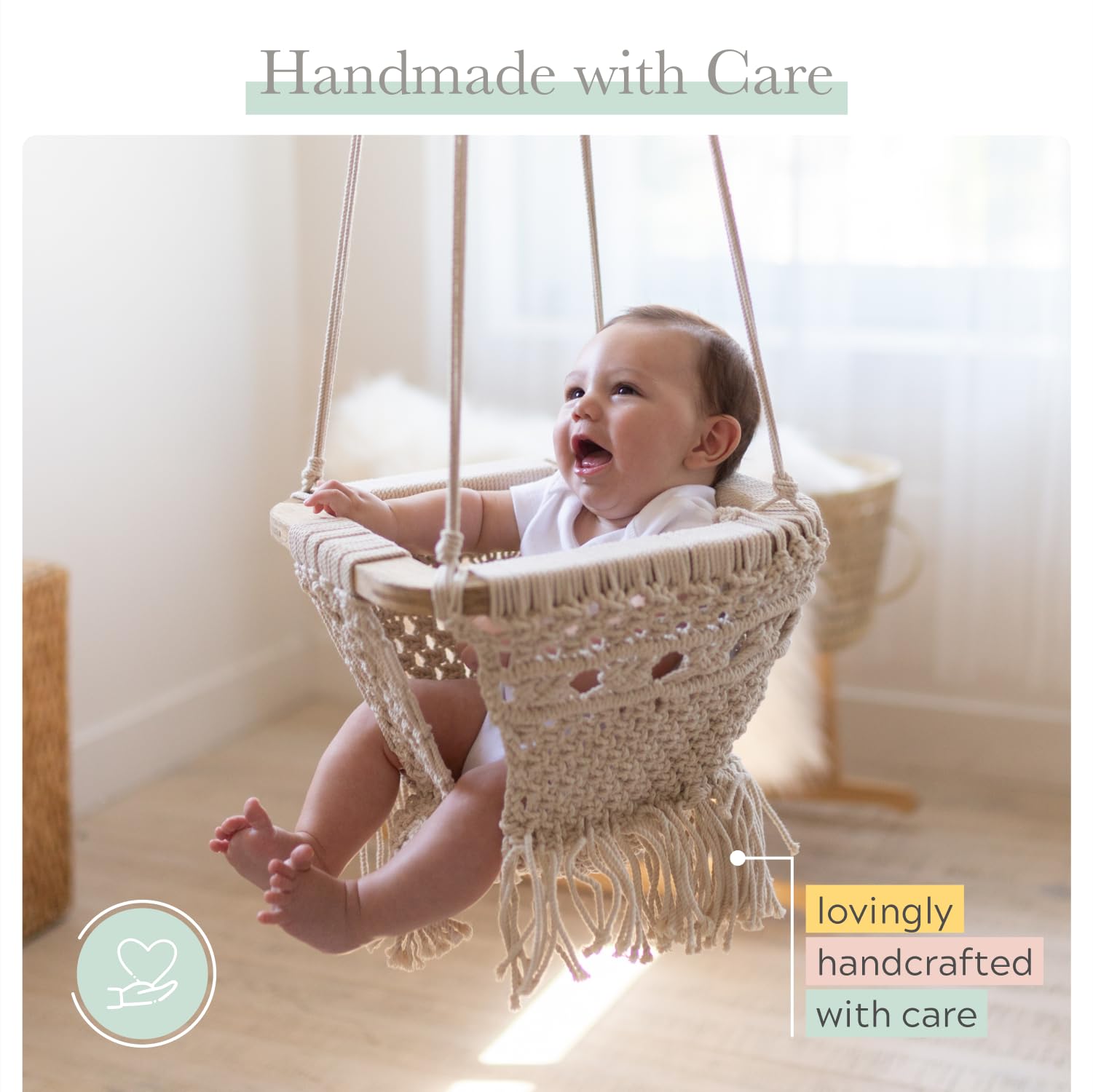 Finn + Emma Handmade Organic Cotton Macrame Baby Swing - Safe & Stylish Nursery Hanging Seat with Solid Wood Bar - Perfect for Newborns, Infants & Nursery Decor - Ideal for Playrooms, Bedrooms & Indoor Relaxation