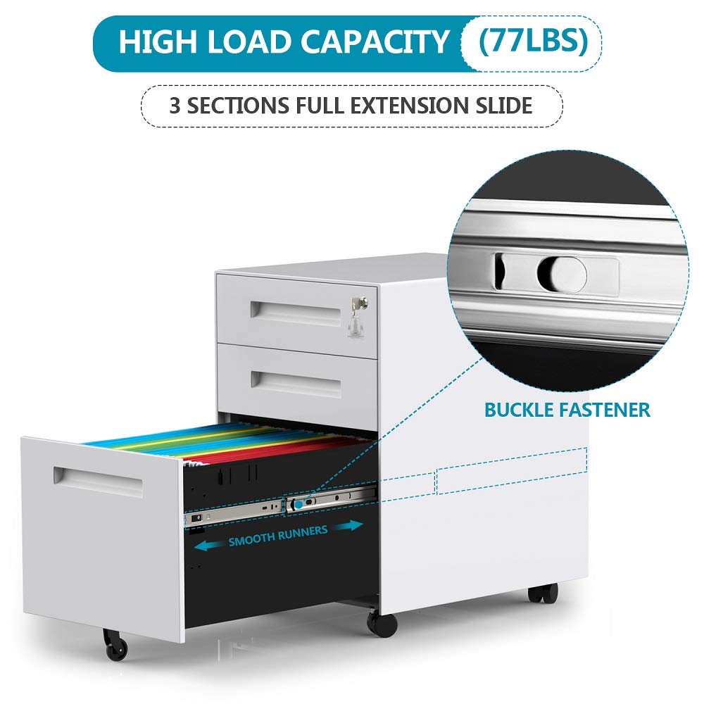 3-Drawer Mobile File Cabinet with Lock - Under Desk Rolling Storage Organizer, White Office File Cabinet Fully Assembled - Perfect for Home, Office & Workspace Organization