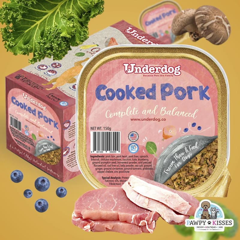 Premium Underdog Cooked Pork Fresh Frozen Dog Food - 1.2kg (2.65 lbs) Grain-Free High Protein Meal for Adult Dogs - Perfect for Training Treats & Daily Nutrition