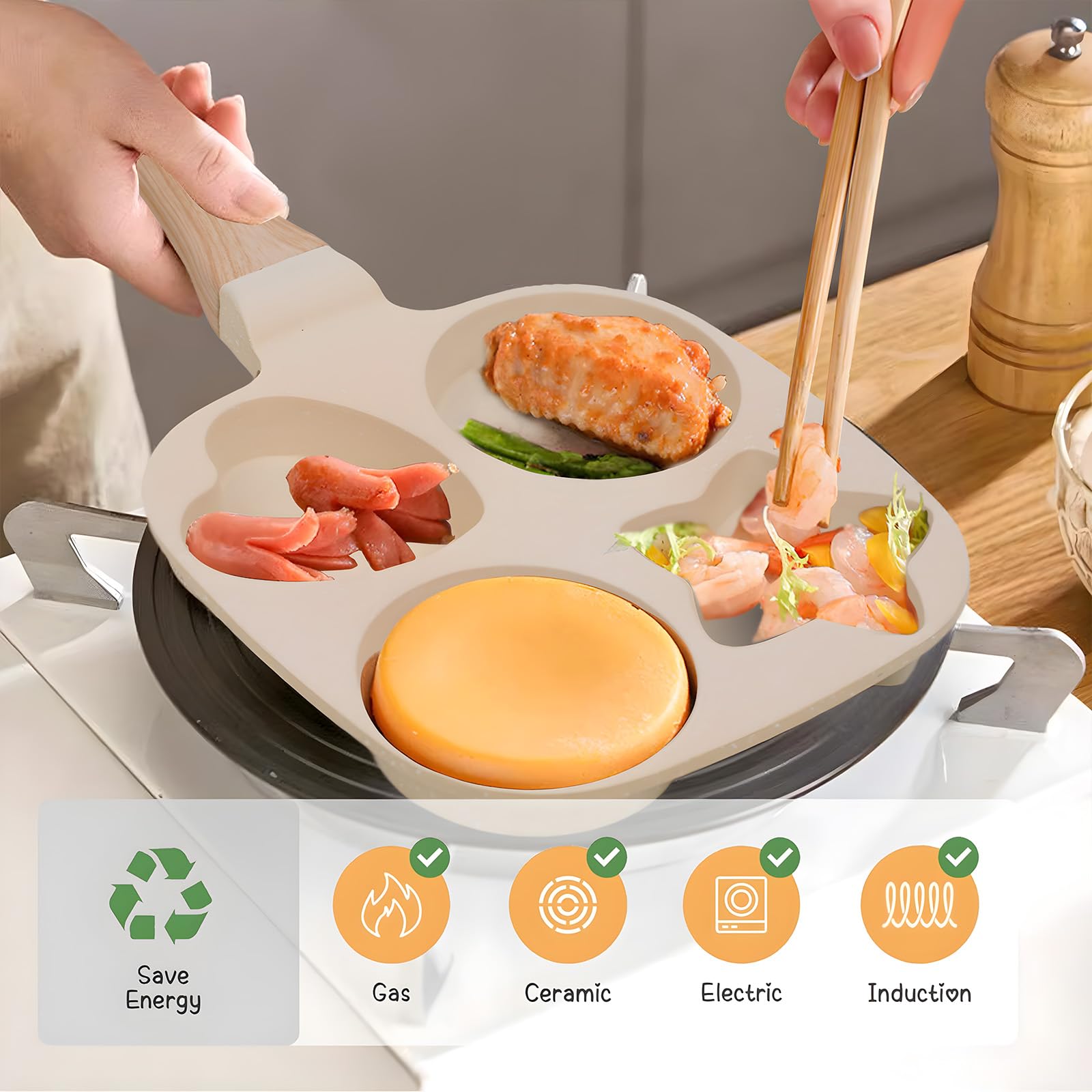 4-Cup Nonstick Omelette Skillet - Egg Frying Pan for Healthy Breakfast, Pancakes, Burgers & Bacon | Easy to Clean with Detachable Bakelite Handle | Works on Gas Stove & Induction Cooktop | Perfect for Home Cooking, Camping & RV Trips