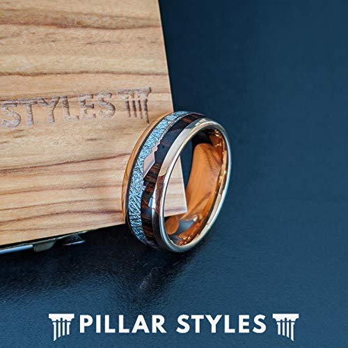18K Rose Gold Tungsten Meteorite Wedding Ring for Men - 8mm Space Rock Arrow Inlay Wood Band - Unique Anniversary & Engagement Gifts for Him - Perfect for Outdoor Adventures & Romantic Proposals