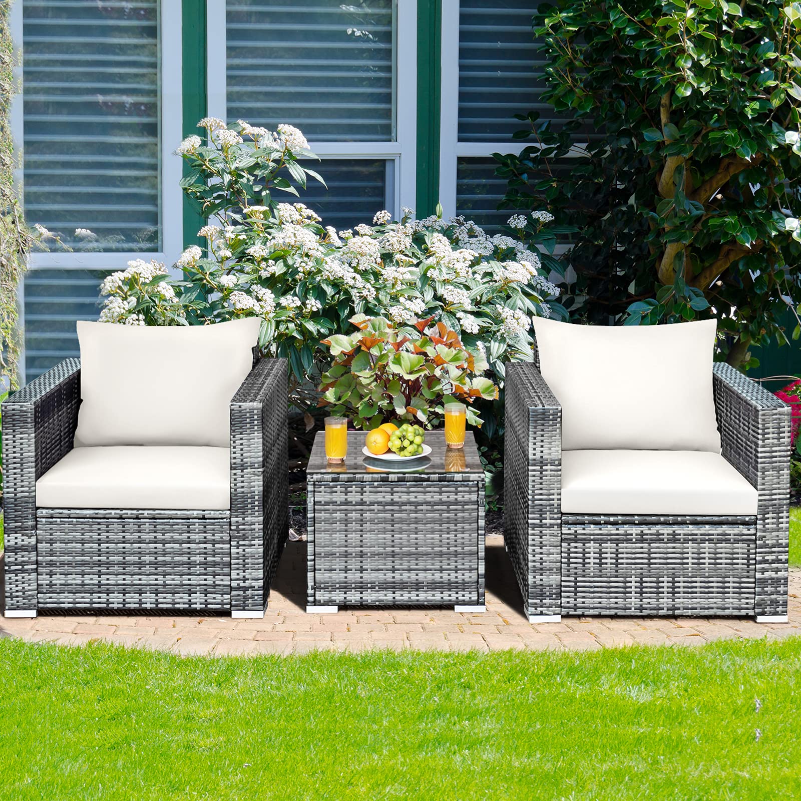 HAPPYGRILL 3-Piece Outdoor Rattan Wicker Patio Conversation Set with Coffee Table and Soft Cushions - Perfect for Balcony, Porch, Backyard, Garden, and Poolside Relaxation