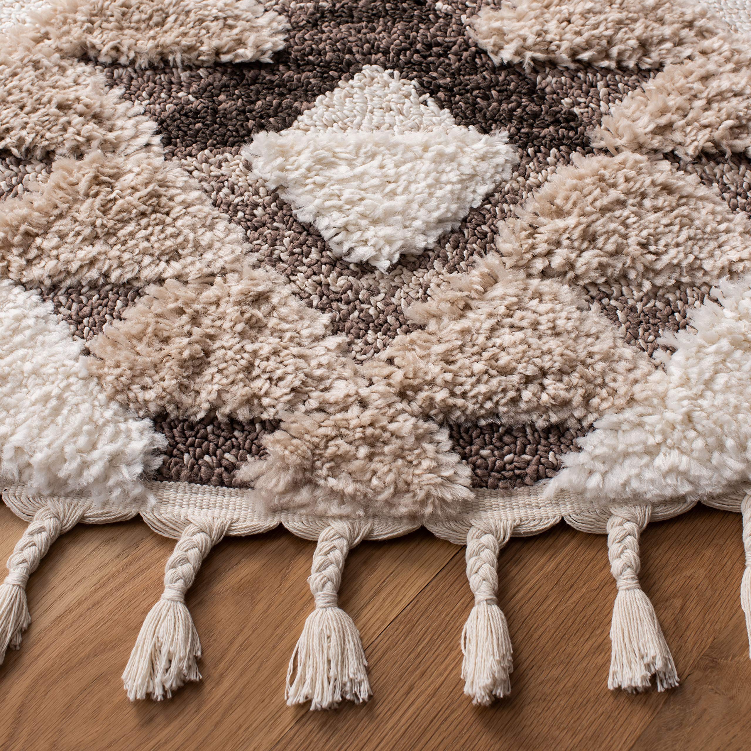 SAFAVIEH Moroccan Tassel Shag Collection 9' Round Area Rug - Ivory & Brown Boho Chic Non-Shedding Easy Care 2-Inch Thick Plush Rug for Living Room Bedroom Dorm Office High Traffic Areas | MTS688A