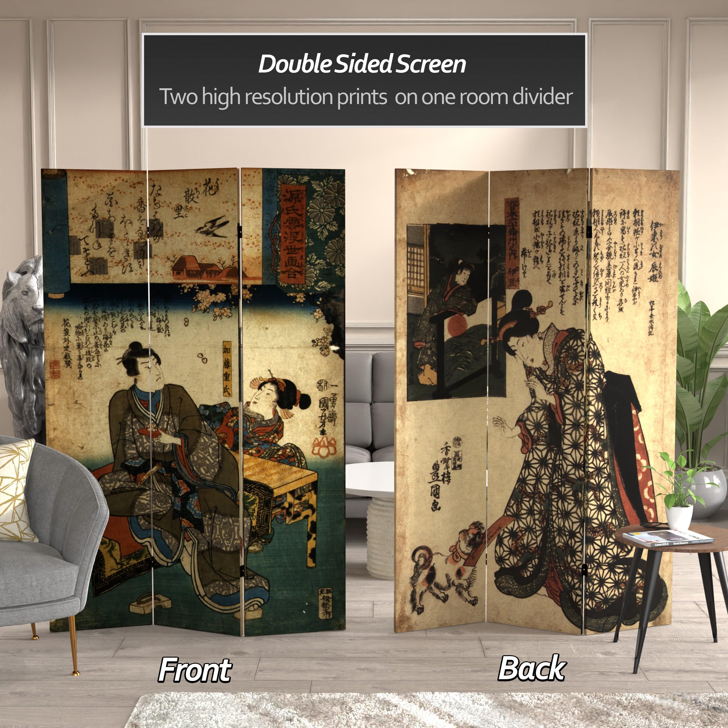 6 ft. Tall Double Sided Japanese Figures Red Lantern Room Divider - 3 Panel Folding Screen (71 inches High) for Home Decor, Asian-Themed Parties & Zen Meditation Spaces