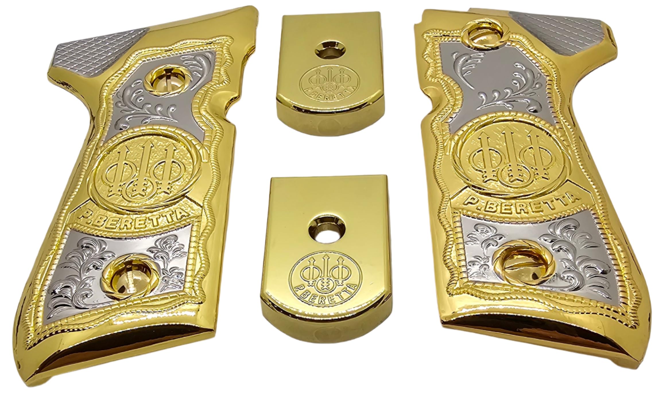 Premium Beretta 92/96 Combo Grips & Magazine Floor Plates - Nickel/Gold-Plated for 92F, 92FS, M9 & 96 Models | Enhanced Grip & Magazine Base | Perfect for Target Shooting, Competition & Concealed Carry