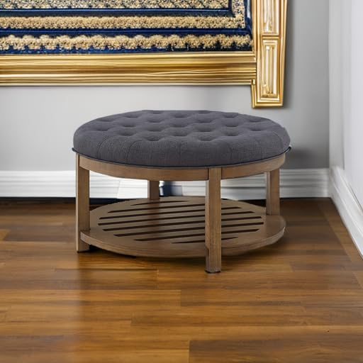 24K Gold Large Round Upholstered Tufted Linen Ottoman Coffee Table with Wood Shelf Storage - Charcoal Footrest Ottoman for Living Room, Bedroom & Home Decor