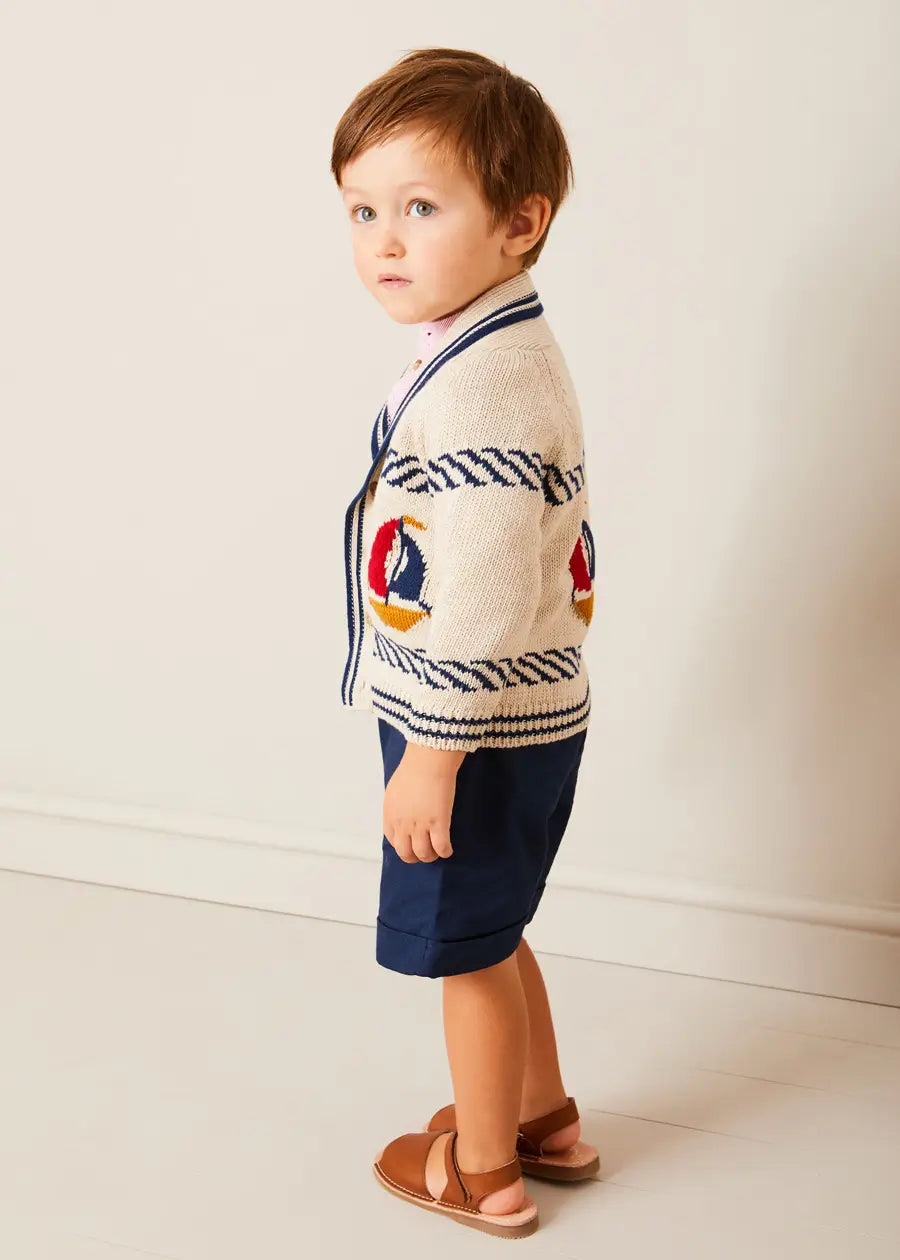 Stylish Beige Nautical Cardigan with Boat Motif Shawl Neck for Kids (Ages 2-10) - Perfect for School, Parties & Family Outings
