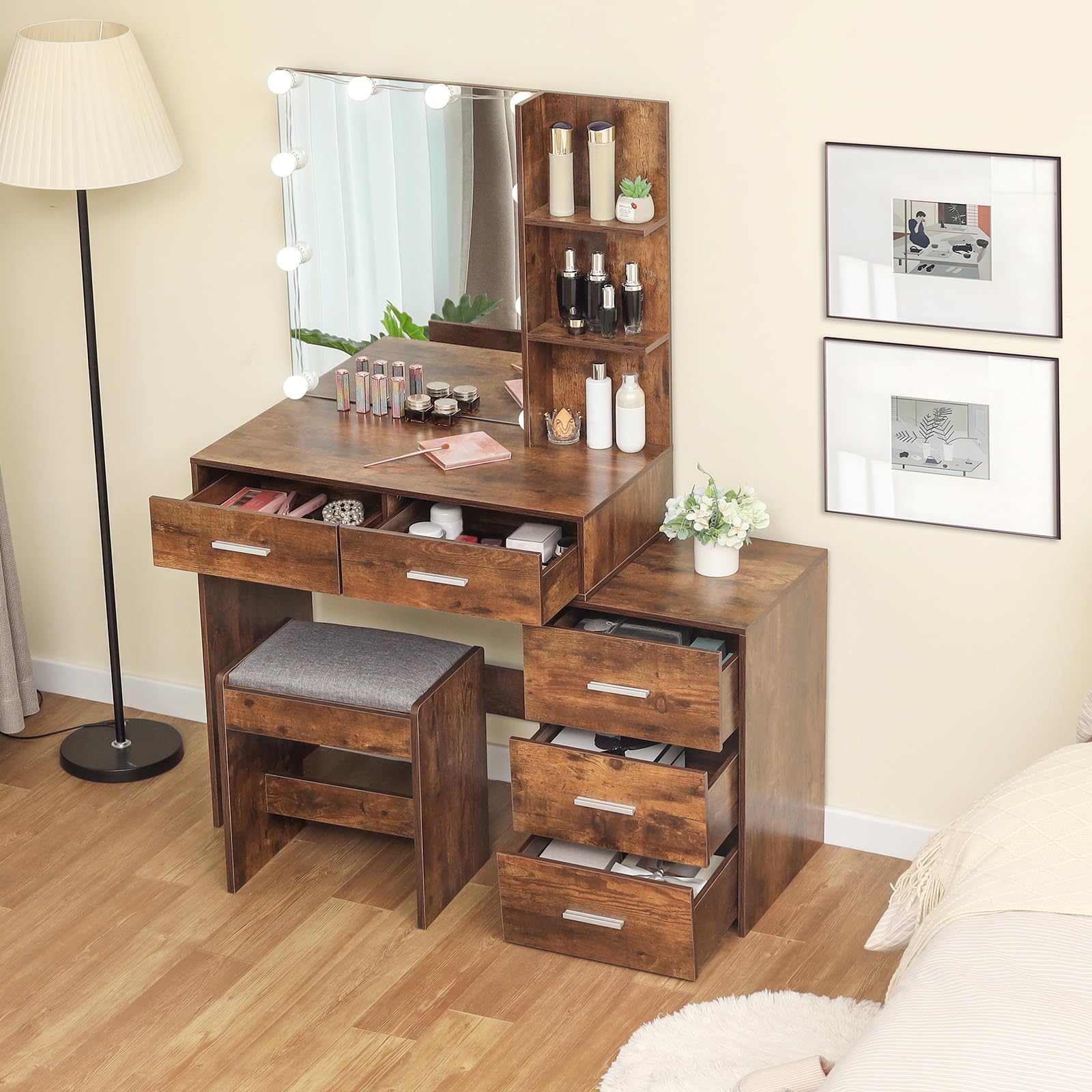 USIKEY 43.5 Inch Large Makeup Vanity Desk with LED Lights & Mirror - 5 Drawers Vanity Table Set with Storage Shelves & Stool for Women & Girls (Rustic Brown) - Perfect for Bedroom, Dressing Room & Beauty Salon