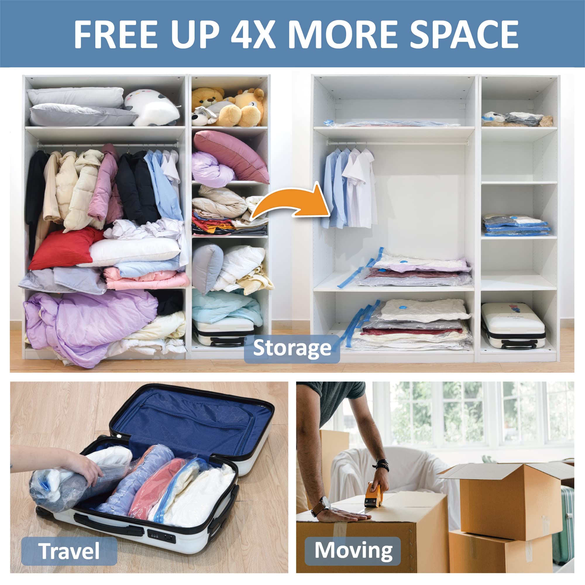 12 Pack Vacuum Storage Bags (2 Jumbo/2 Large/2 Medium/2 Small/4 Roll) - Space Saving Compression Bags for Clothes, Comforters & Blankets - Includes Hand Pump - Perfect for Travel, Seasonal Storage & Home Organization