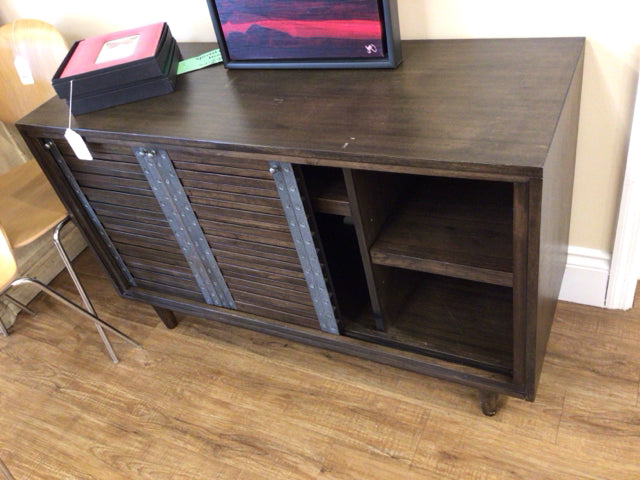 Slatted Front Sliding Door Storage Cabinet - Modern TV Stand & Entryway Organizer for Living Room & Hallway