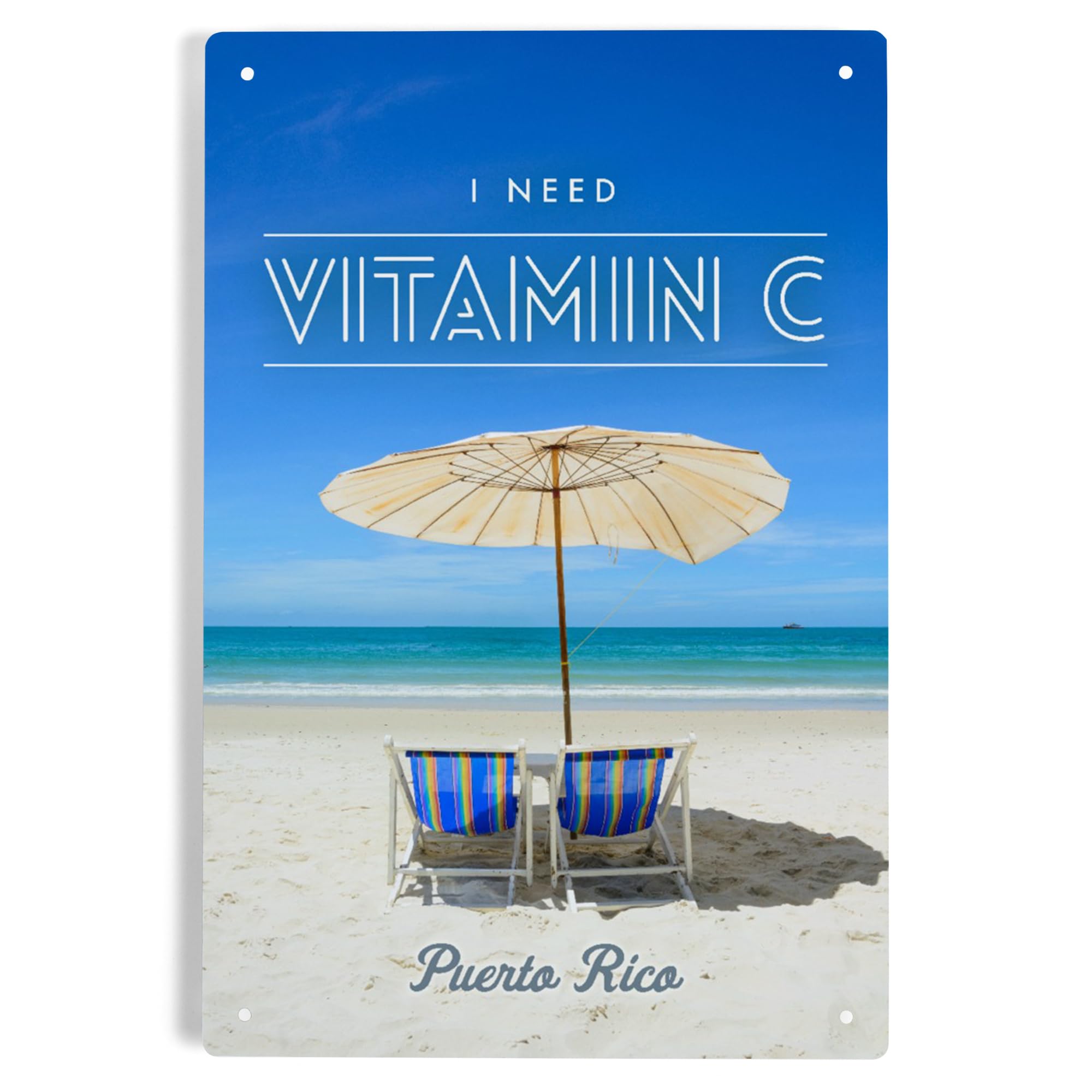 Lantern Press 6x9 Inch Puerto Rico Metal Sign - 'I Need Vitamin C' Beach Decor with Chairs & Umbrella - Perfect for Home, Office, Bar, or Outdoor Patio Decorations