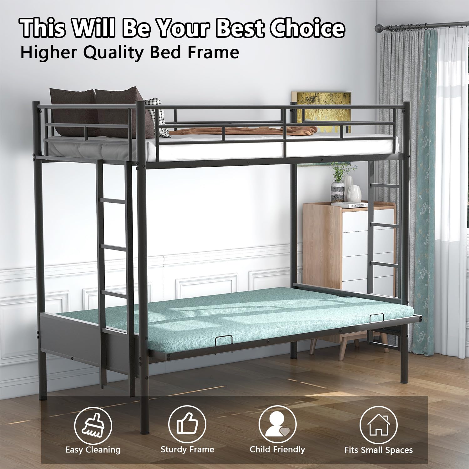Convertible Twin Over Full Bunk Bed with Steel Frame - Sturdy Metal Bunk Bed with Guard Rail & Ladder for Kids, Teens & Adults - Space-Saving Black Bed Frame for Small Rooms, Guest Rooms & Dormitories