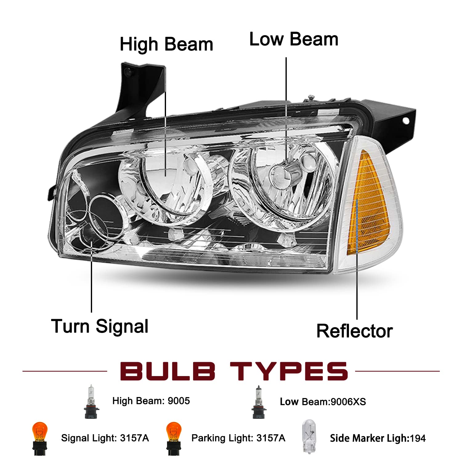 JSBOYAT 4Pcs Headlight Assembly Compatible with 2006-2010 Dodge Charger - Chrome Headlamp & Amber Corner Signal Lights (Driver & Passenger Side) - Perfect for Night Driving & Car Restoration Projects