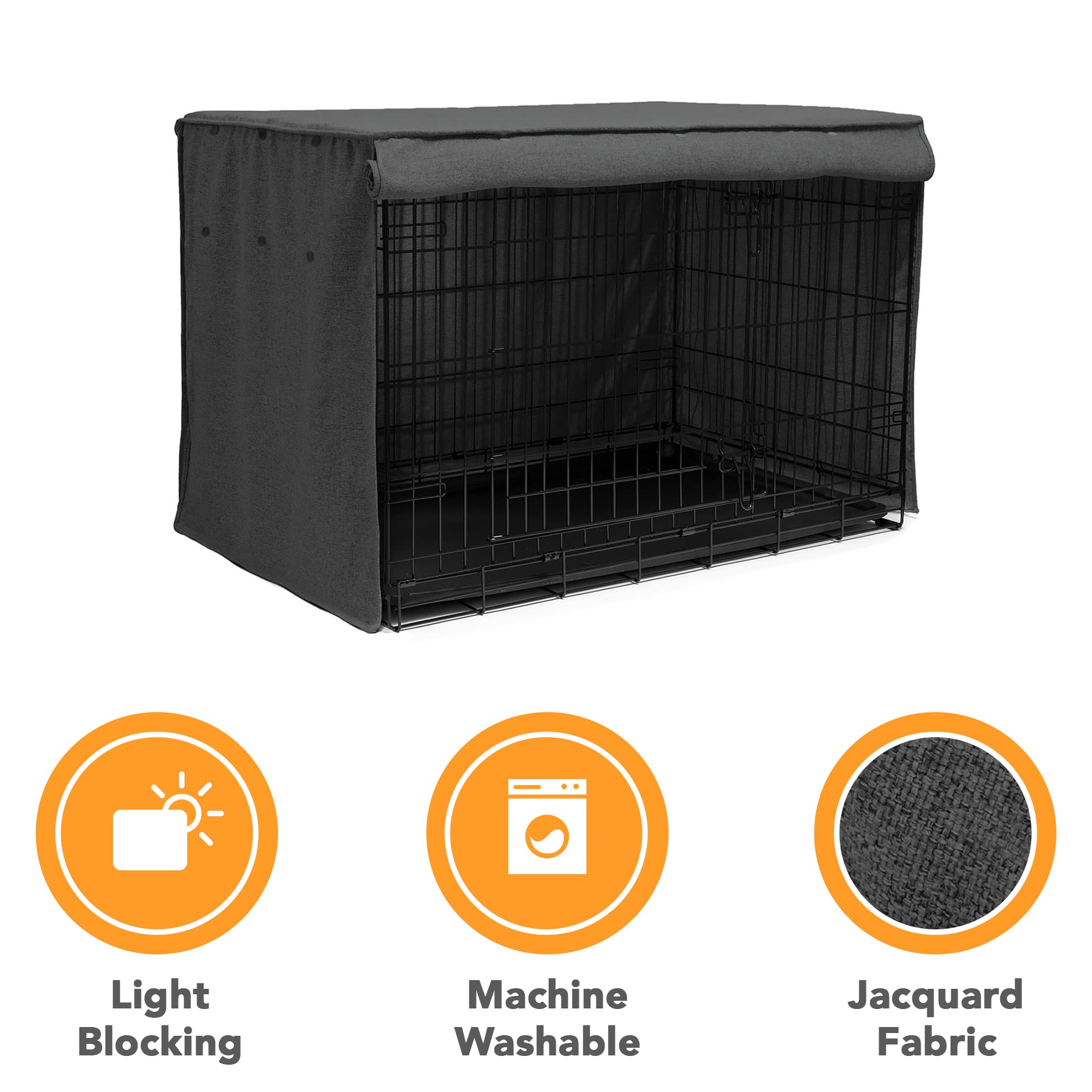 Friends Forever 30-Inch Metal Dog Crate Cover with Light Blocking Curtain & Roller Shades - Machine Washable Trucker Black Kennel Cover for Home, Travel, and Car Use