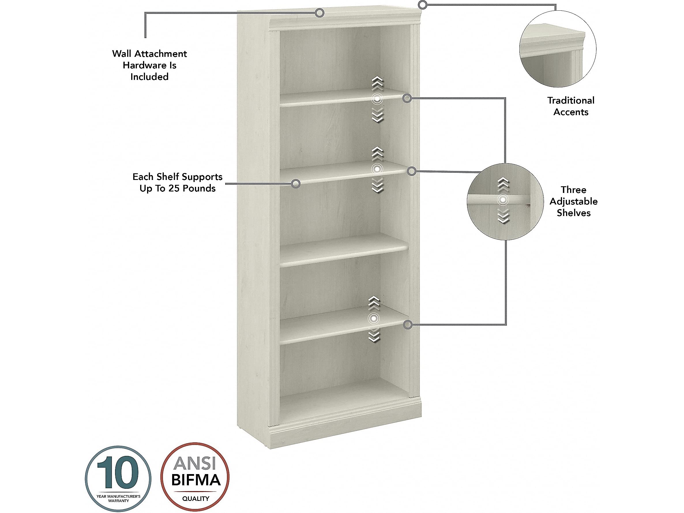 Bush Furniture Saratoga 5-Shelf Tall Bookcase in Linen White Oak - Home Office Organizer & Vertical Storage Solution for Books, Office Supplies - Perfect for Living Room, Bedroom or Study Room Bookshelf